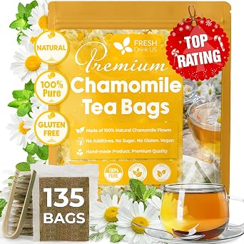 FRESHDRINKUS, 135 Chamomile Tea Bags, 100% Natural and Pure Chamomile Flowers, Eco-conscious Tea Bags. Chamomile Flower Herbal Tea. No Sugar, No Caffeine, No Gluten, Vegan.