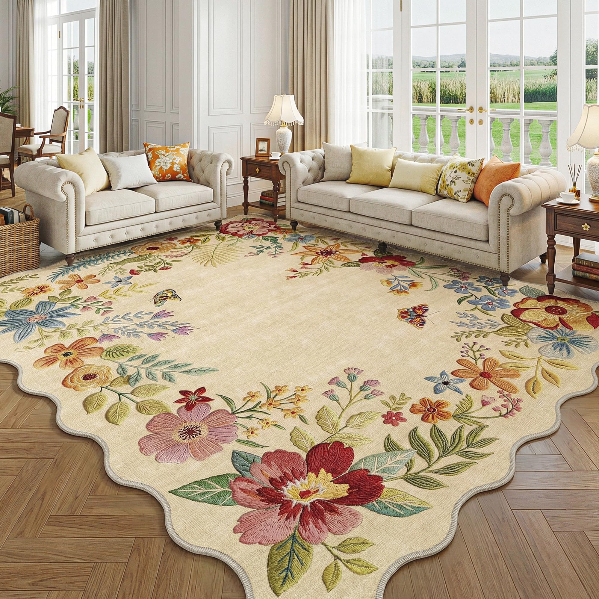Photo 1 of FMFUNCTEX 9x12 Washable Beige Floral Scalloped Area Rug for Living Room