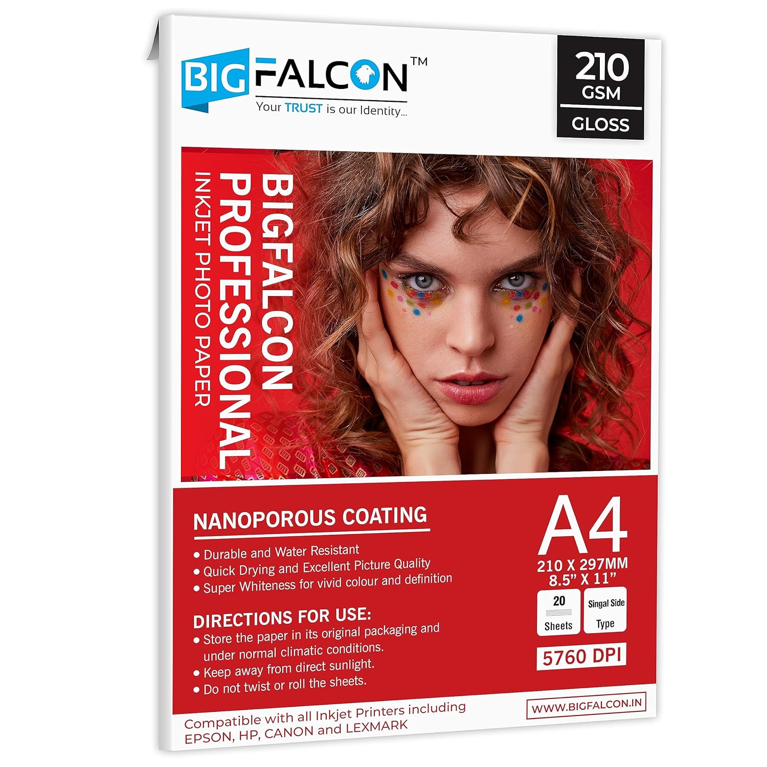 BIGFALCON Professional 210 GSM A4 Size (8.5×11 inch) Glossy Cast Coated Inkjet Photo Paper 20 Sheets for all Inkjet Printer (Pack of 1)