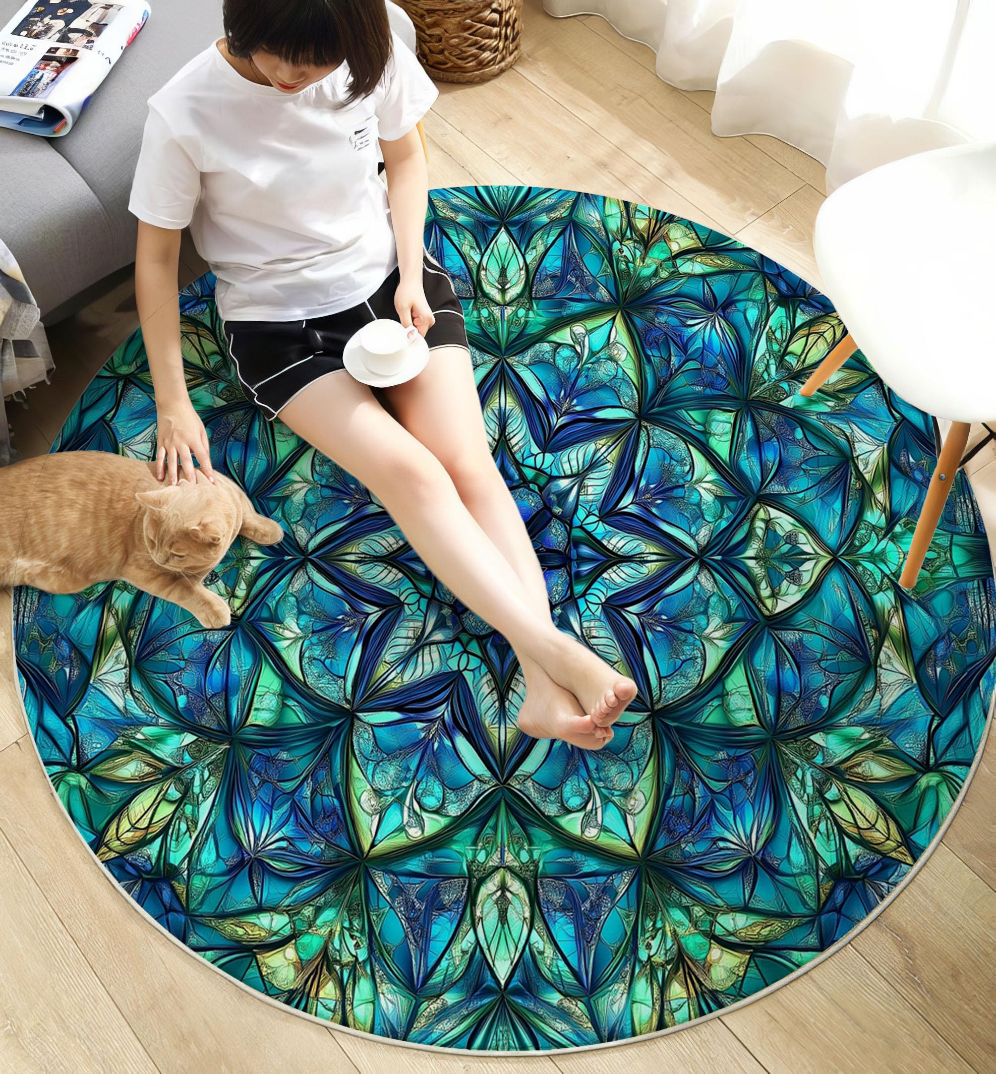 Tapis Rond Mandala Kaléidoscope 180 cm, Tapis à Poils Courts Vitraux Lavable en Machine Antidérapant Décoratif Rond pour Salon Chambre Salle à Manger, Vert