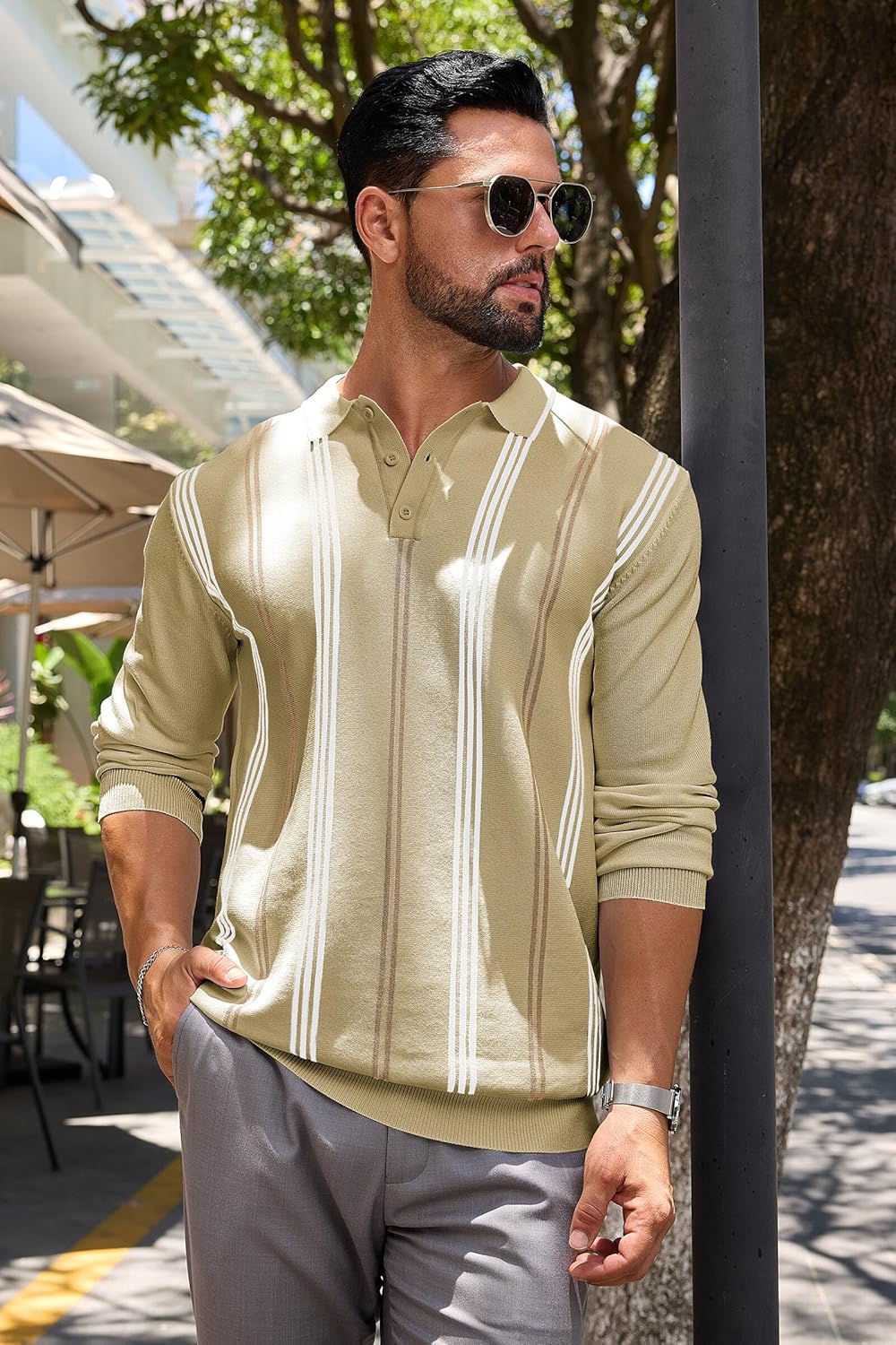 Lexiart Mens Knit Polo Shirt Striped Dressy Thermal Basic Button Collar Long Sleeve Sweater - Image 7