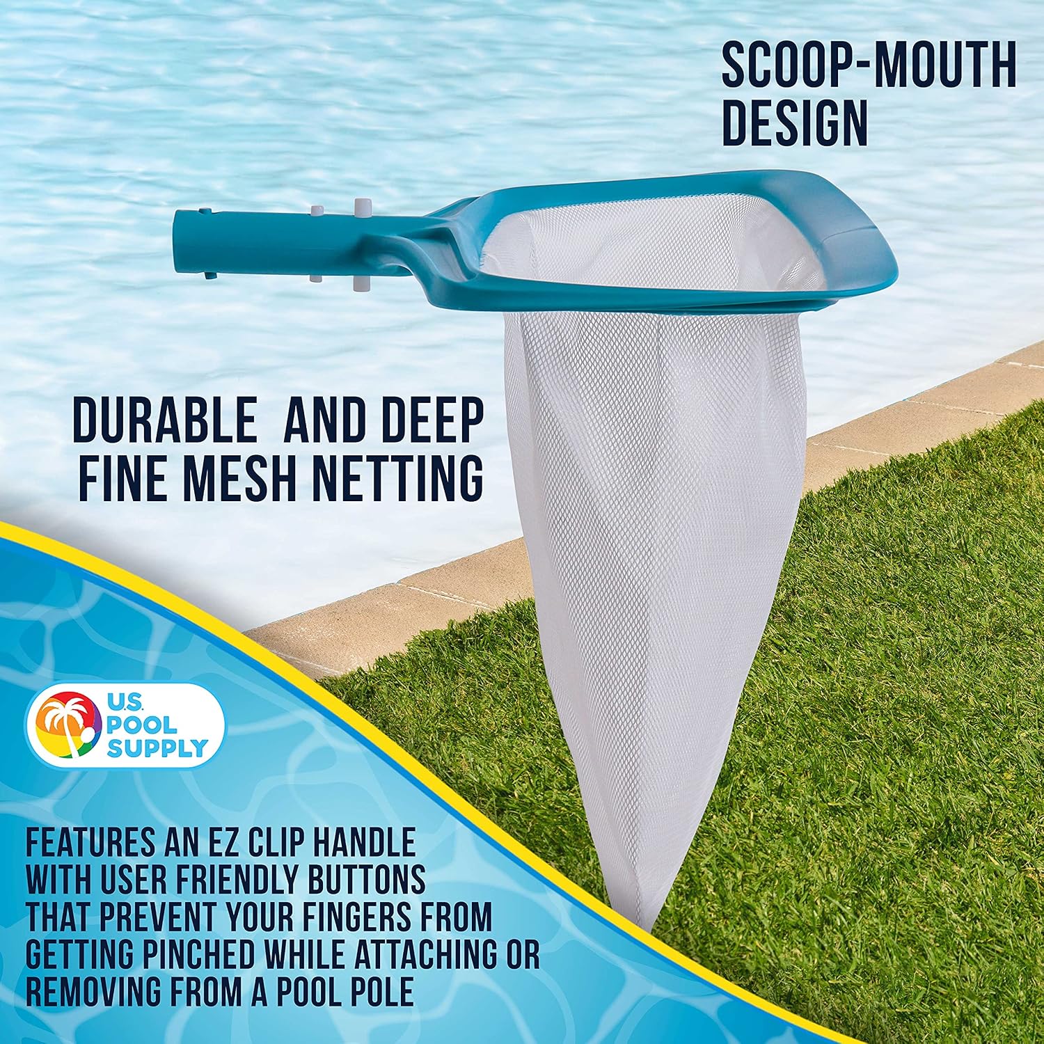 U.S. Pool Supply Professional 17" Swimming Pool Leaf Rake with Deep 13" Net Bag - Durable Fine Mesh Netting, EZ Clip Handle - Fast Cleaning, Debris Pickup Removal, Fits Standard Swimming Pool Pole
