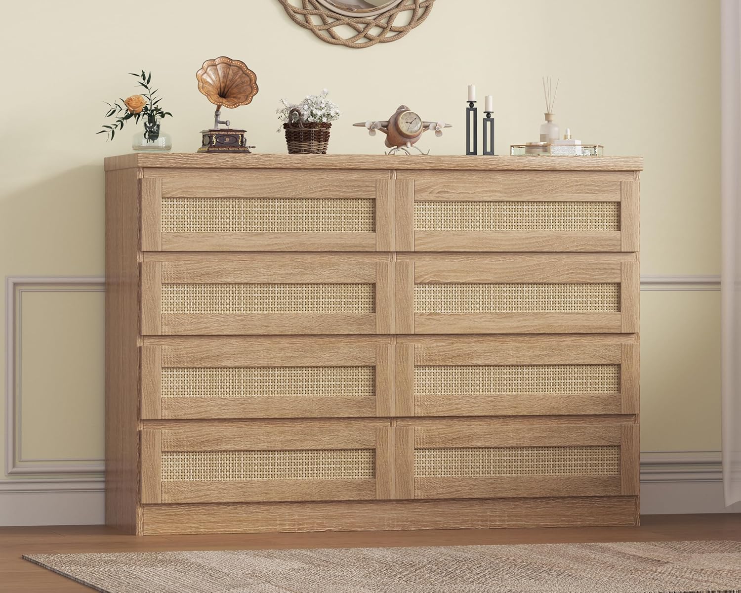 47 Inch Rattan 8 Drawer Dresser, Modern Farmhouse Chest of Drawers, Tv Stand Dresser Accent Furniture for Living Room, Bedroom, Entryway