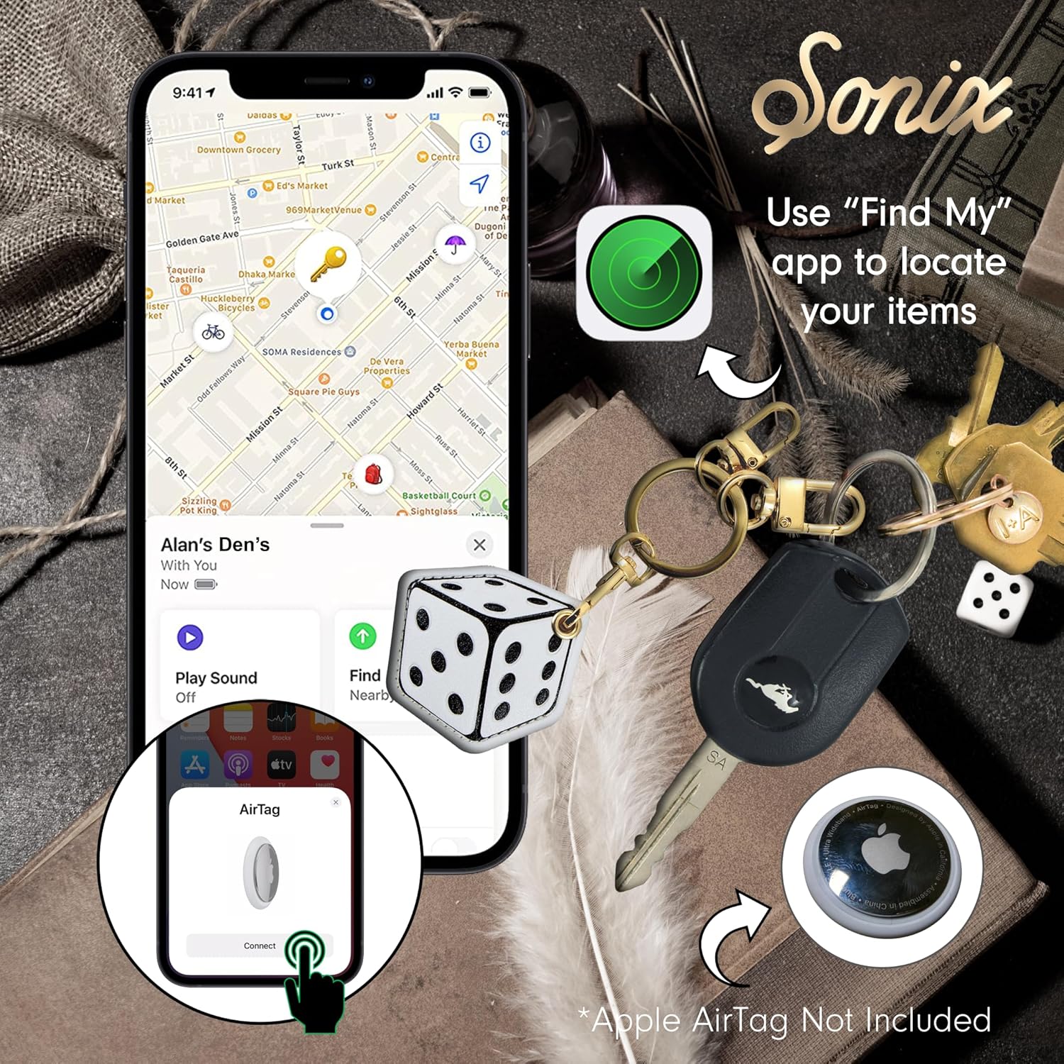 Apple Find My app showing AirTag location with Sonix Dice Keychain