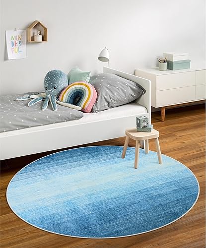 Miniatura 6 de Wonnitar Alfombra redonda moderna lavable de 5 pies, alfombra redonda azul para sala de estar, alfombra circular suave para dormitorio,
