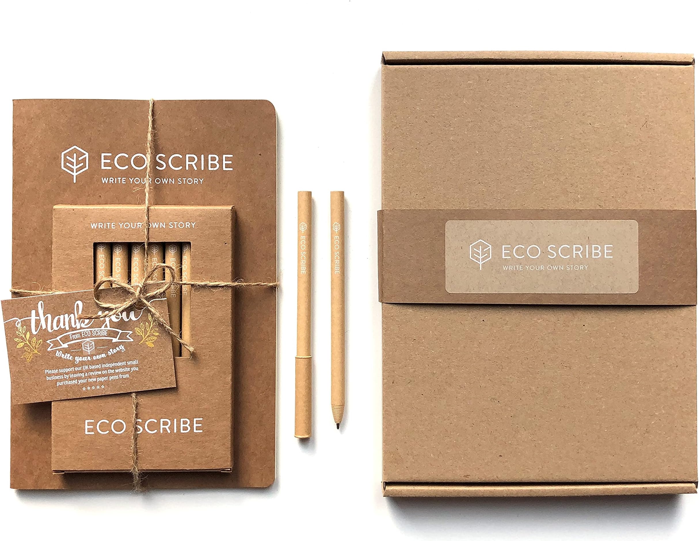 ECO SCRIBE x1 A5 Notebook/Journal & Pack of 10 Recycled Paper Pens, Eco Friendly Stationery Gift Set, 80 Lined Pages, Environmentally Friendly Present, 100% Plastic Free, 100% Recyclable