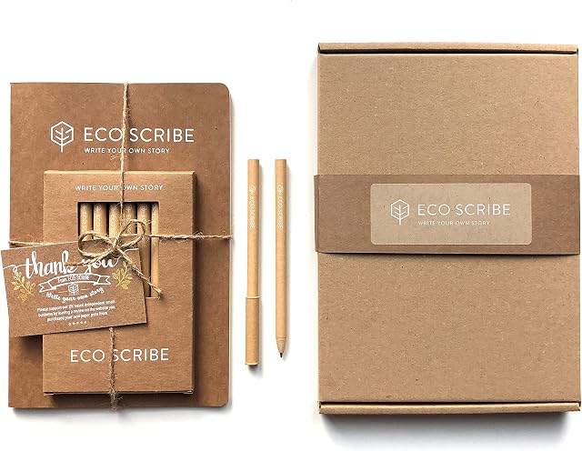 ECO SCRIBE x1 A5 Notebook/Journal & Pack of 10 Recycled Paper Pens, Eco Friendly Stationery Gift Set, 80 Lined Pages, Environmentally Friendly Present, 100% Plastic Free, 100% Recyclable