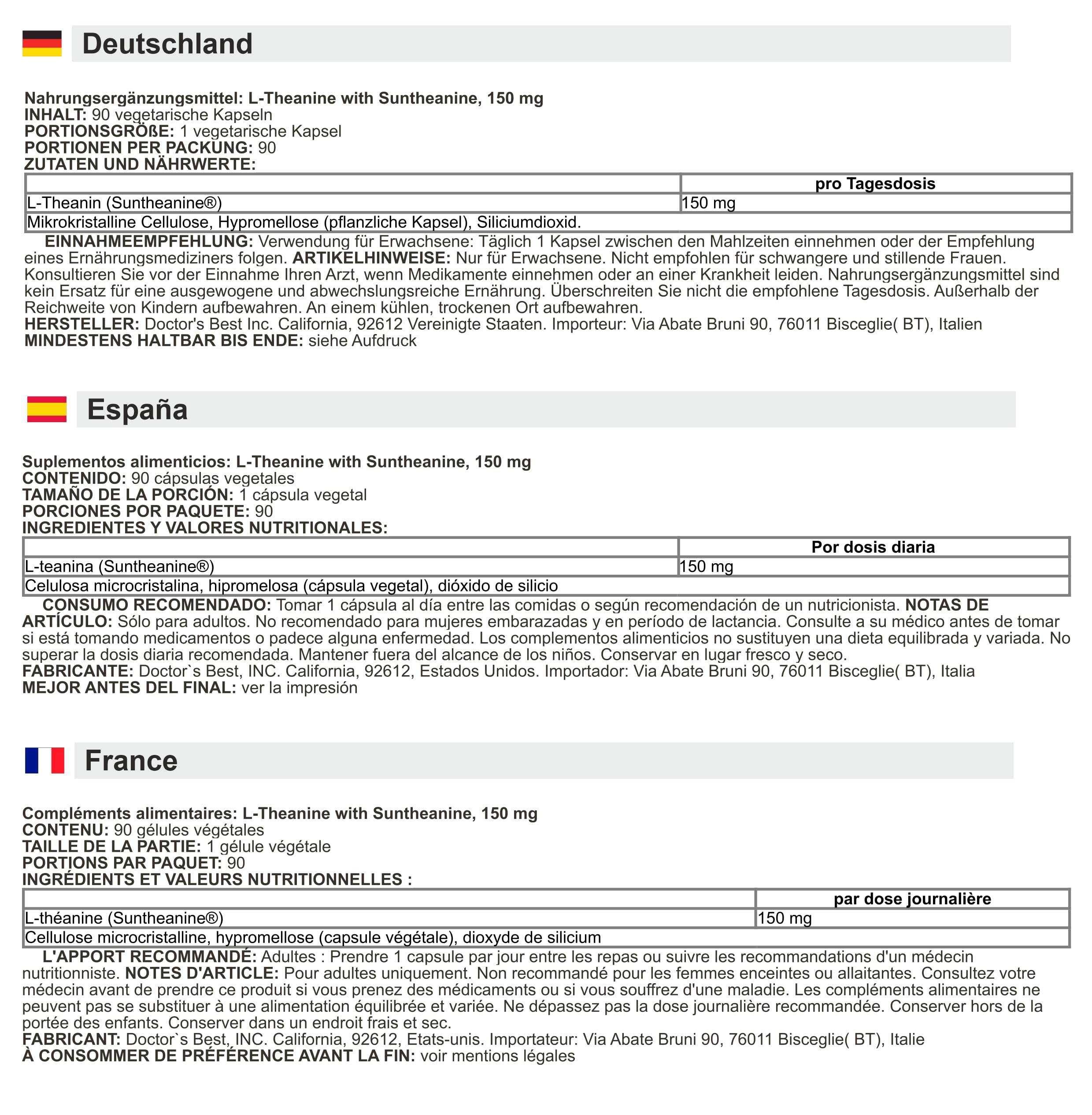 Doctor's Best - L-Theanin mit Suntheanine | Unterstützt Entspannung und Stressabbau - 150mg - 90 Kapseln