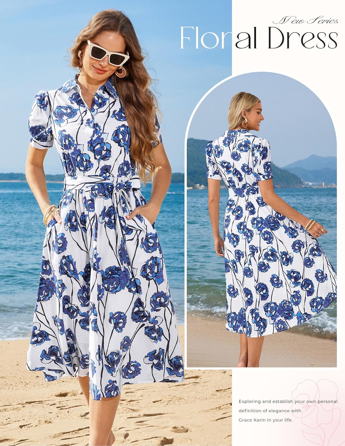 GRACE KARIN Womens Cotton Summer Boho Midi Dresses 2026 Puff Sleeve Shirt Dress Flowy Floral Wedding Guest Dress with Pocket - Image 2