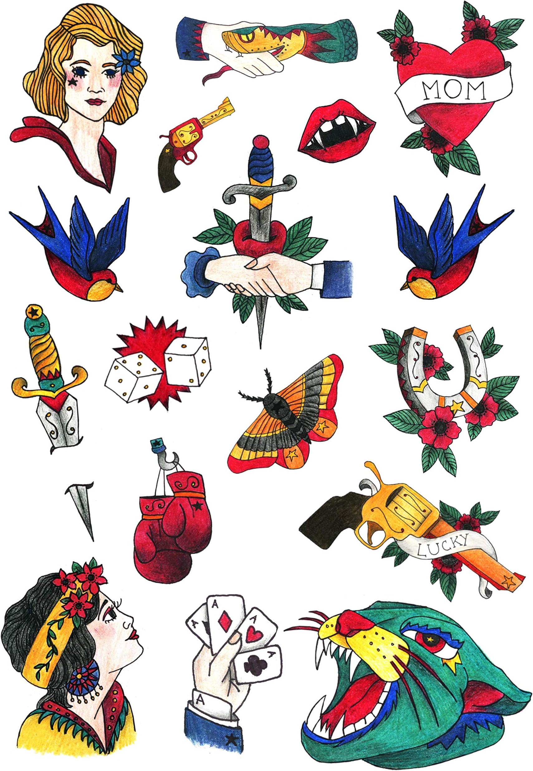 Old School Temporary Tattoo Set, Original Cool Oldschool Vintage Design, Party Fun Tattoos, Fake Tattoo Body Art Cover Up for Men and Women, Unique Drawings