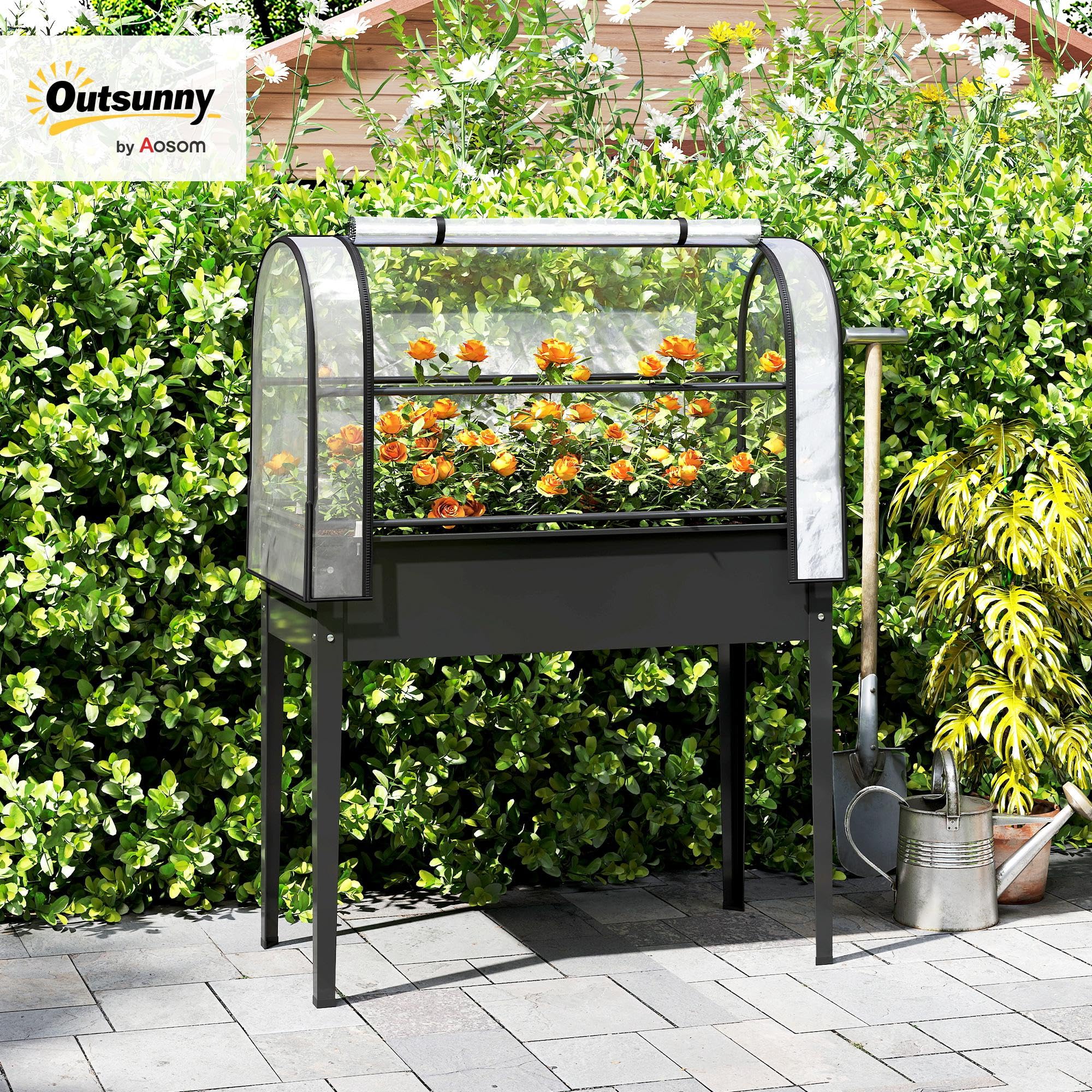 Outsunny Potager sur Pieds avec Serre Rabattable 100 x 49 x 136 cm Noir | Jardinière Haute sur Pied en Métal 97L, Trou de Drainage, pour Plantes Fleurs et Légumes