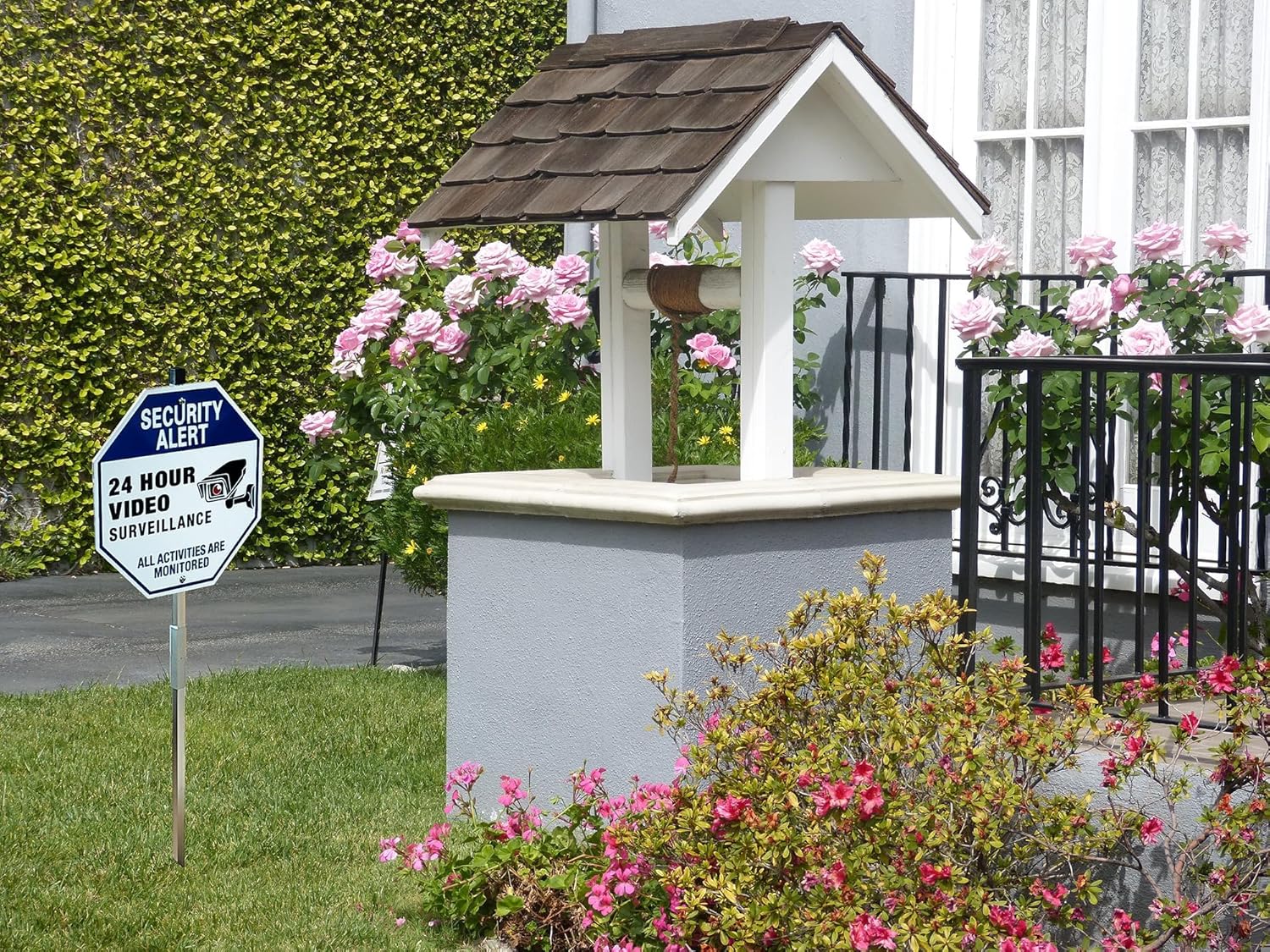 Security Alert 24 Hour Video Surveillance Yard Sign with Stake, Reflective Metal CCTV Warning Sign Outdoor, Blue, 10 x 10 inch, 2 Pcs