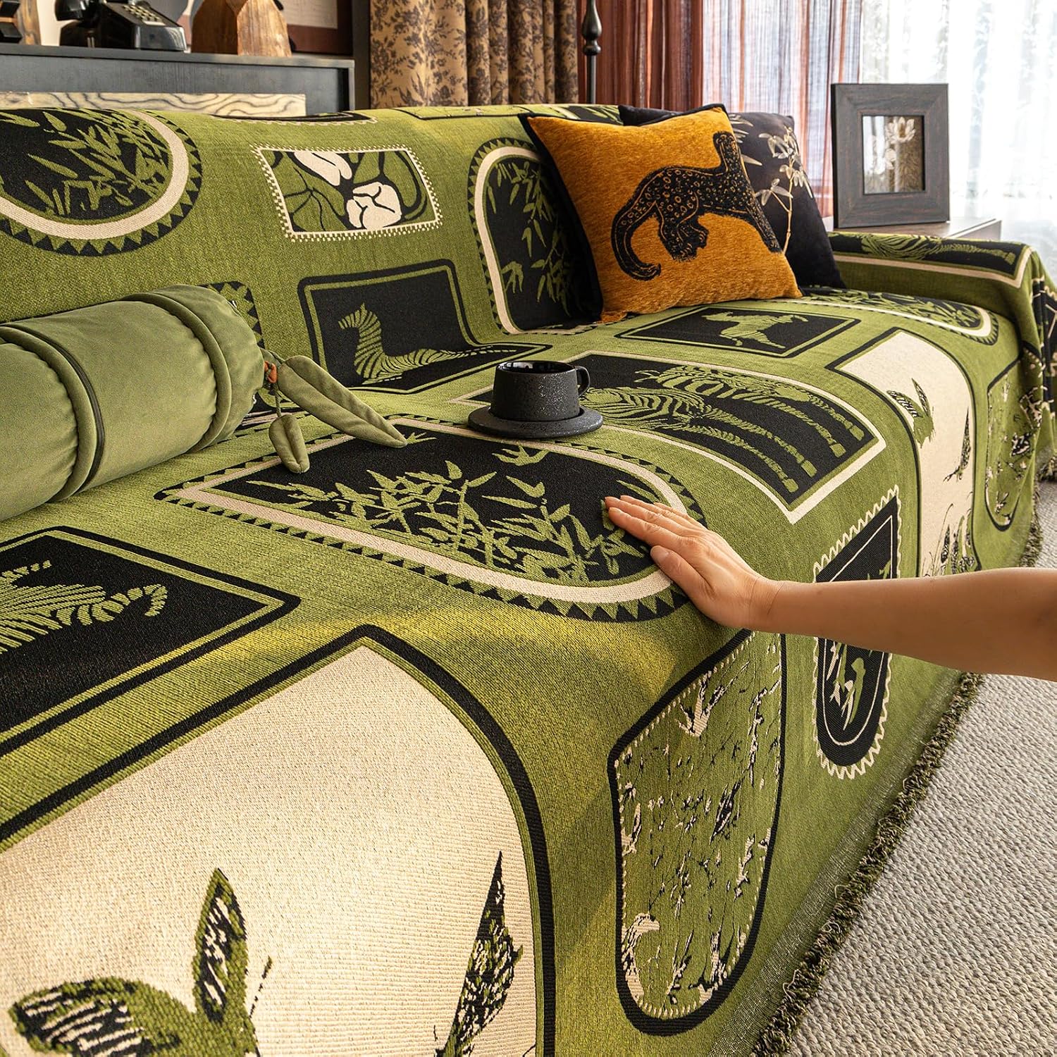 ROOMLIFE Green Couch Cover 3 Cushion Sofa, Washable Non Slip Furniture Sofa Protector Cover, Soft Chenille Sofa Slipcovers Sectional L Shape Dogs Couch Cover Throw Blanket with Tassels71''X118''