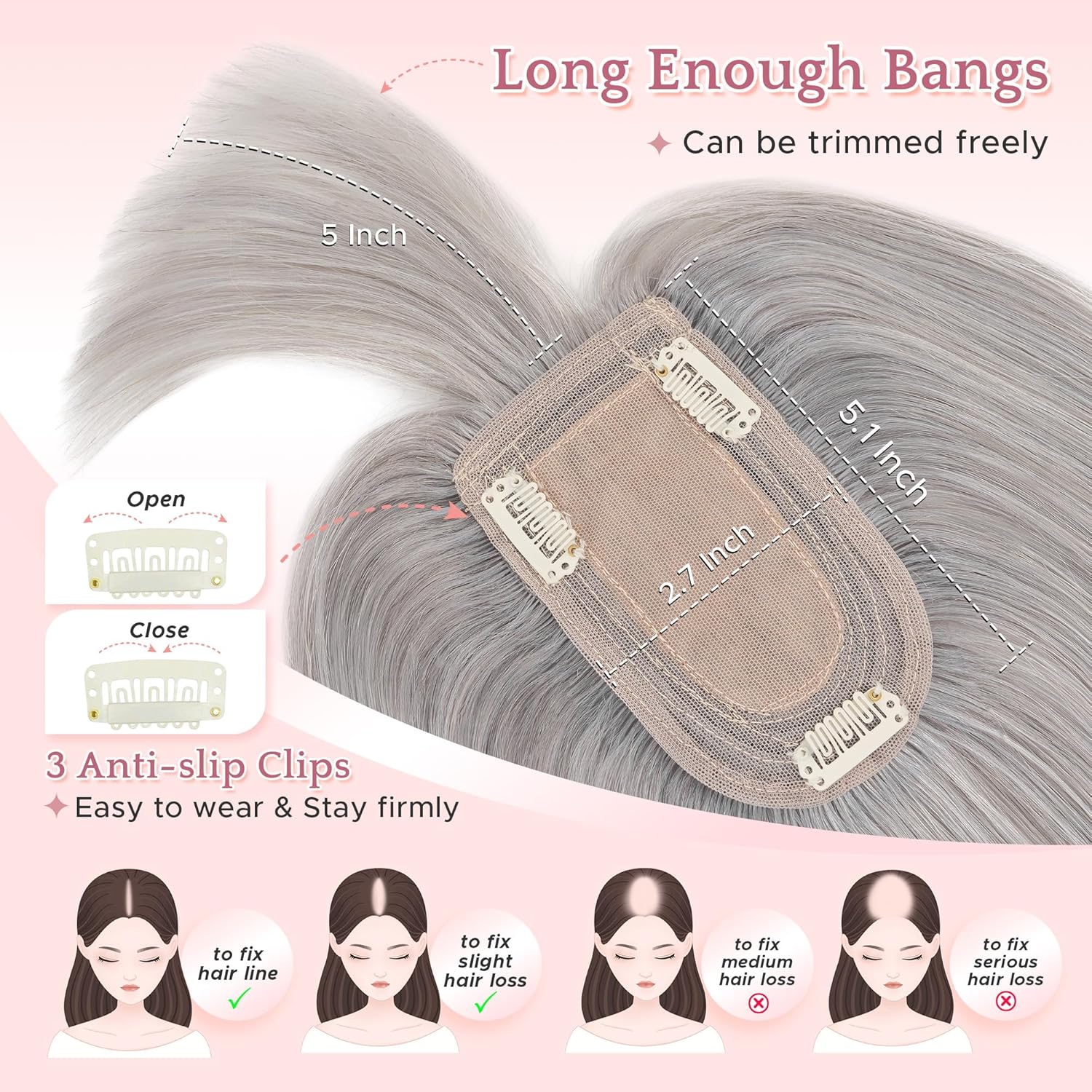 SEGO Grey Hair Toppers for Women Real Human Hair With Bangs, 7 * 13 CM Silk Base Clip In Topper Wiglet, Top Pieces for Women with Thinning Hair -12 Inch #G1 Silver Grey