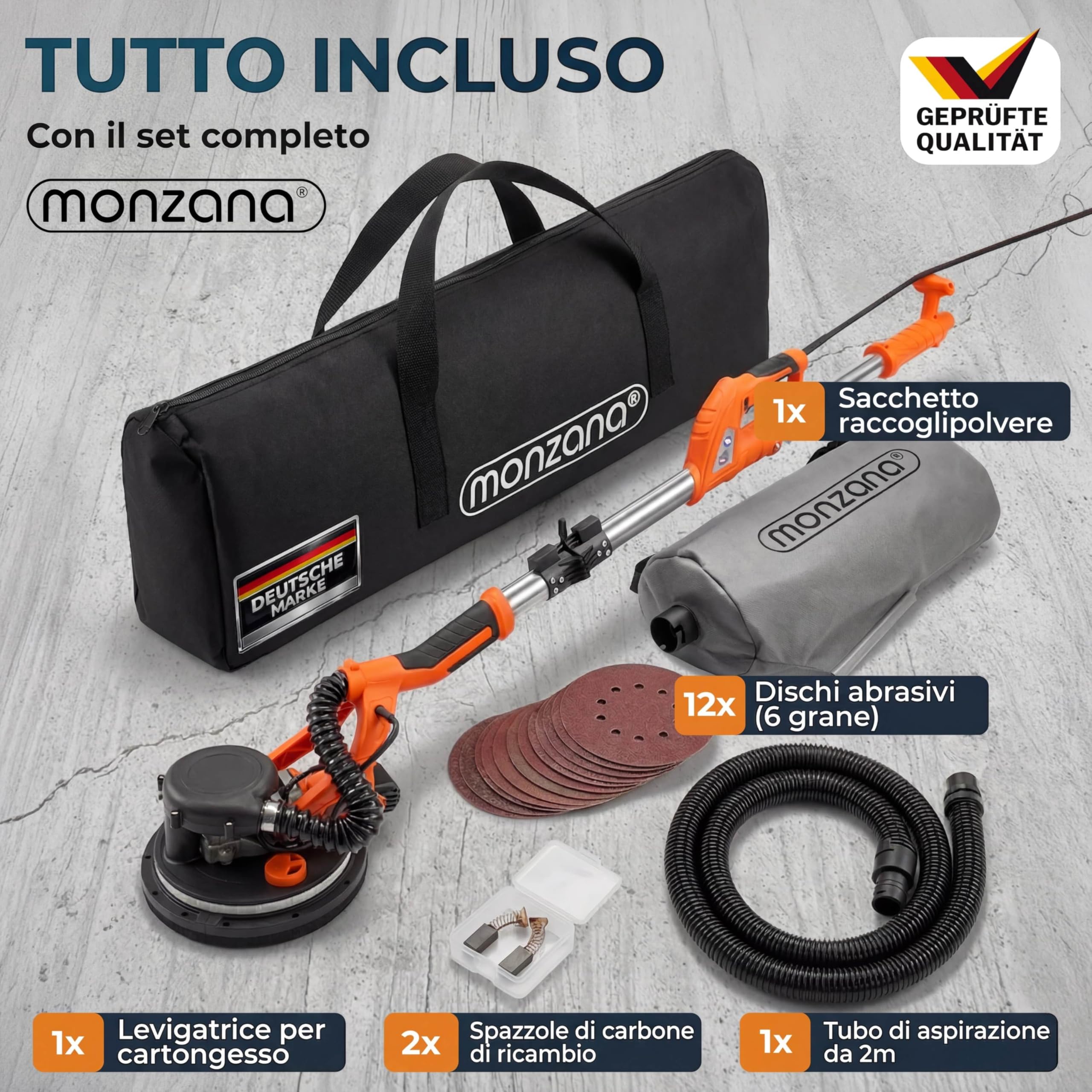 MONZANA® Levigatrice Muro 750Watt Telescopica Cartongesso Giraffa Levigatura Professionale Pareti 12 Dischi Abrasivi Carteggiatrice Soffitti Orbitale