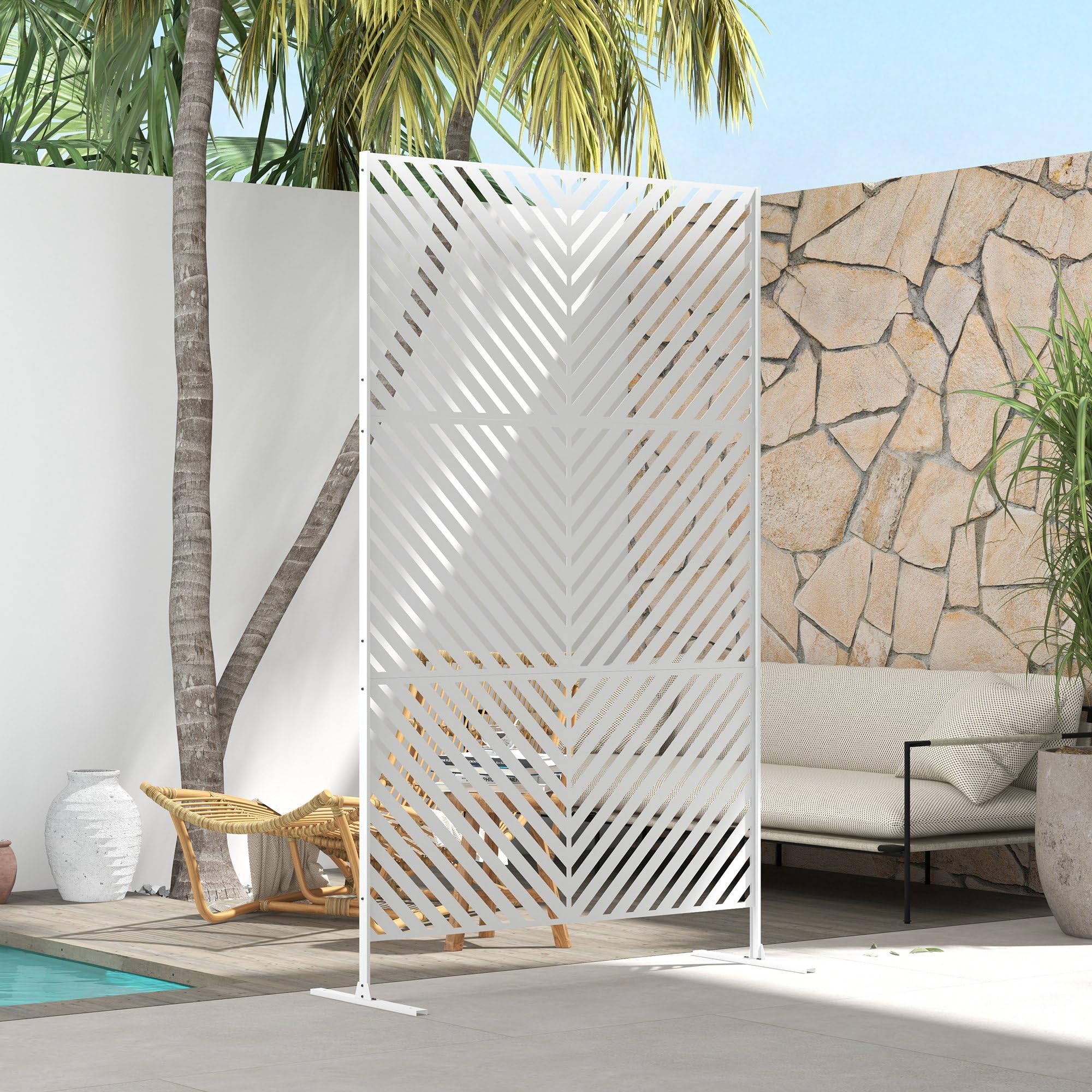 Outsunny Biombo de Exterior Separador de Ambientes 122x45x198 cm Blanco | 3 Piezas, Patrón de Triángulo Invertido, Marco de Acero, Pantalla de Privacidad, para Patio Terraza Jardín