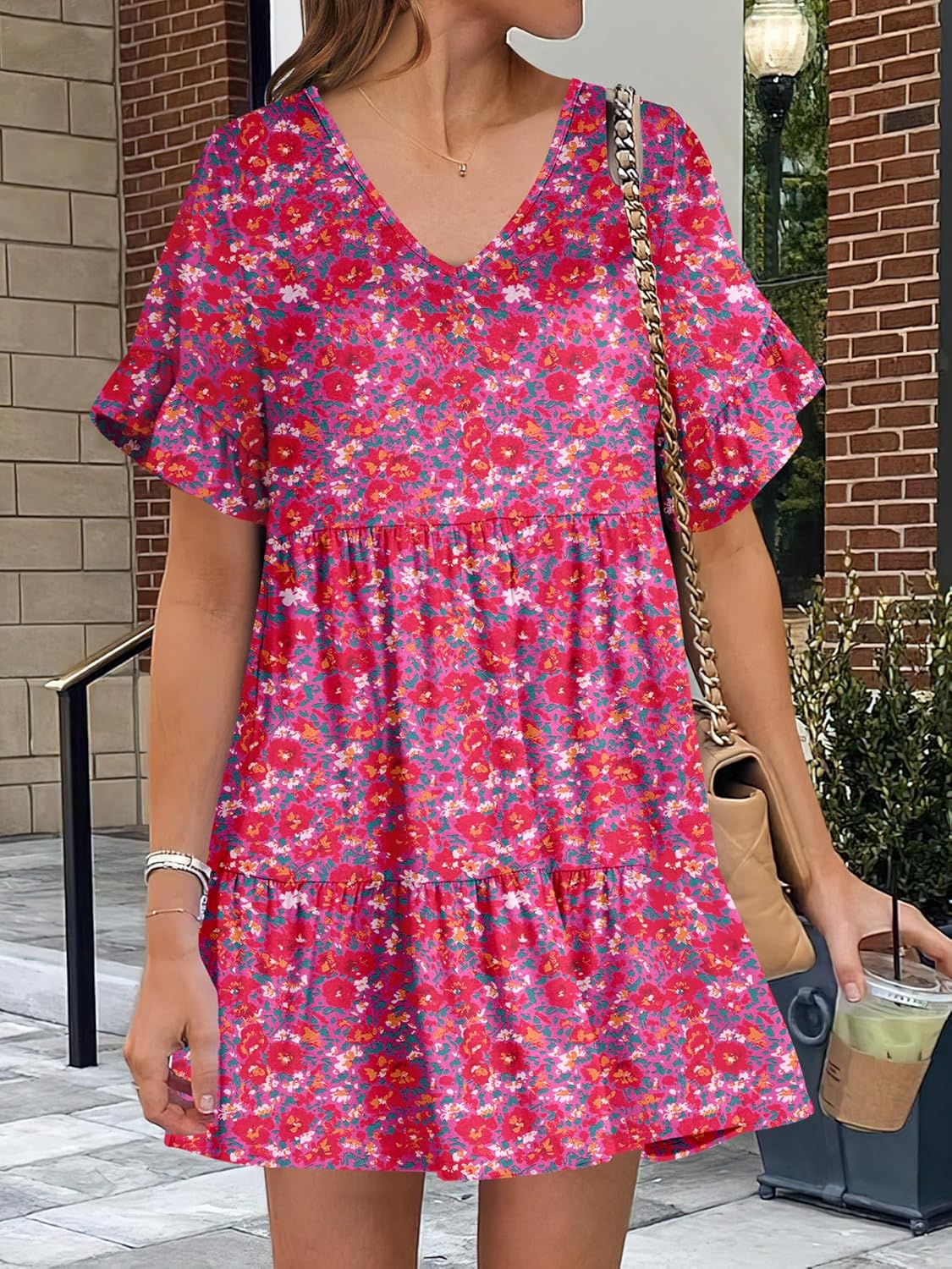 ANRABESS Dresses for Women Summer 2026 V Neck Ruffle Sleeve A Line Tiered Flowy Casual Trendy Mini Beach Dress with Pockets - Image 6