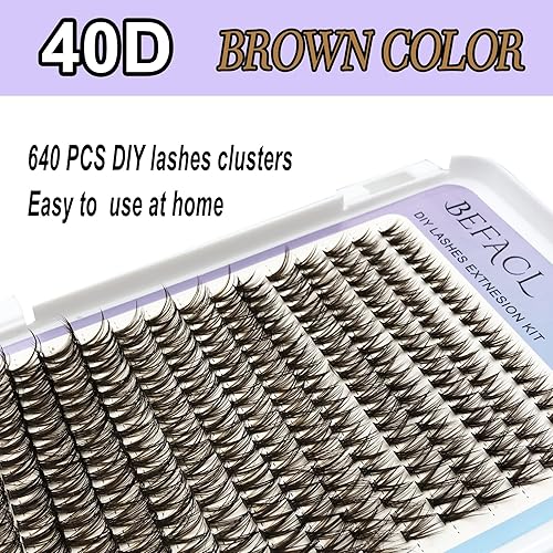 Miniatura 2 de Kit de extensiones de pestañas para bricolaje, 640 racimos de pestañas individuales marrón y negro 40D de 0.315-0.709 in con unión de pestañas,