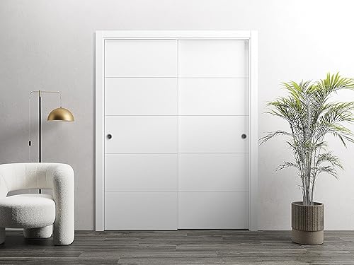 Miniatura 2 de SARTODOORS Planum 0770 - Puertas corredizas de derivación para armario, 64 x 84 pulgadas, pintadas de blanco mate, juego de herrajes de molduras de