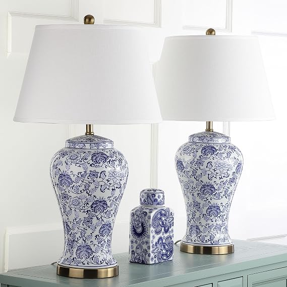 SAFAVIEH Lighting Collection Spring Blossom Set of 2 Blue & White Floral Chinoiserie Table Lamps, 29-Inch Ceramic Lamps for Bedroom, Living Room, Home Office (LIT4170B-SET2)