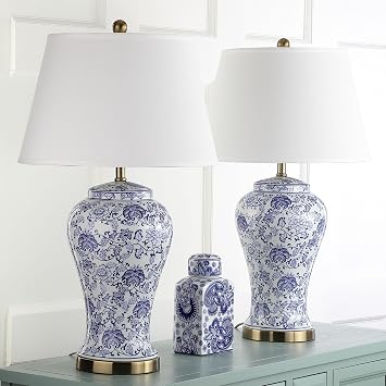 SAFAVIEH Lighting Collection Spring Blossom Set of 2 Blue & White Floral Chinoiserie Table Lamps, 29-Inch Ceramic Lamps for Bedroom, Living Room, Home Office (LIT4170B-SET2)