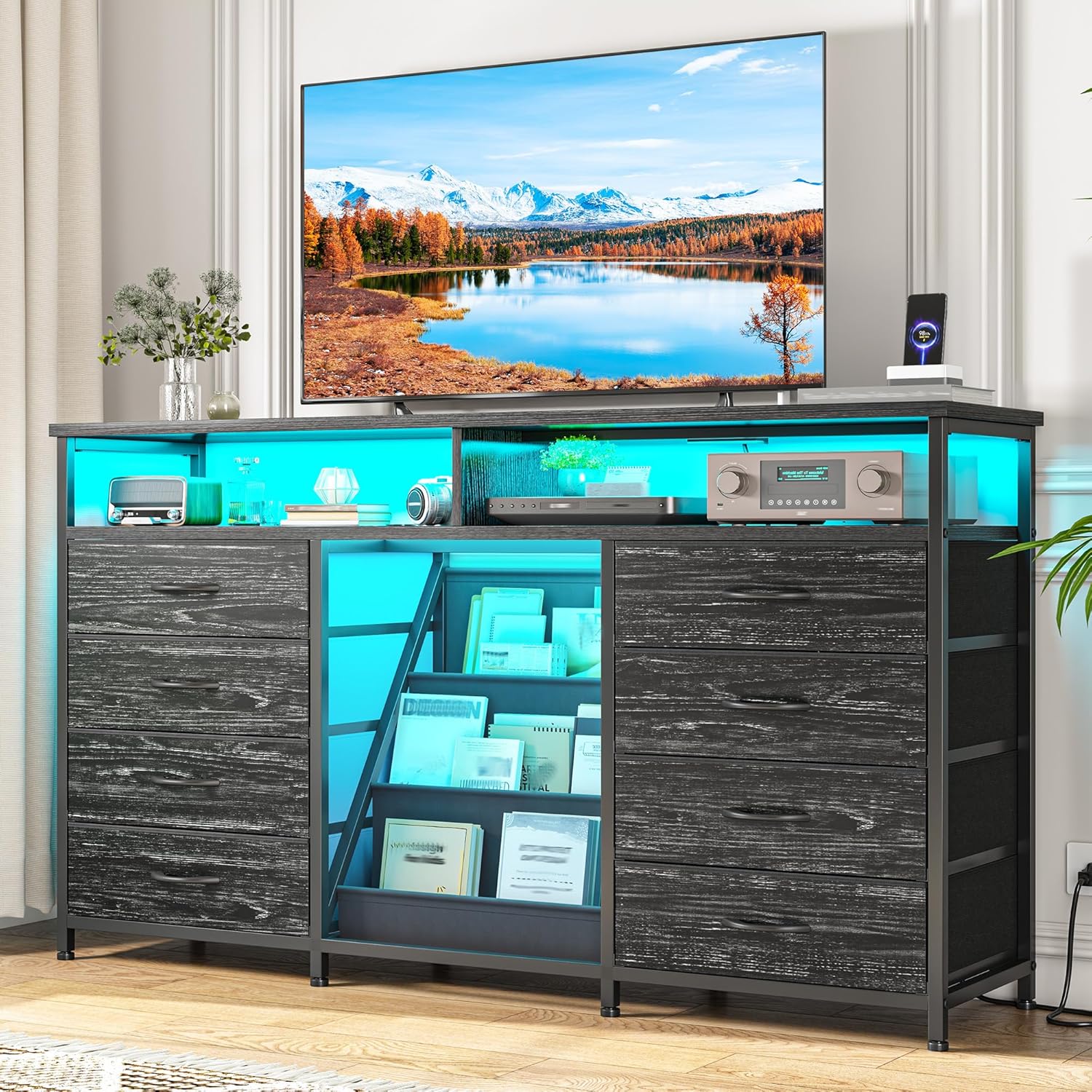 EnHomee 55 ” W Dresser for Bedroom with Bookrack & 8 Fabric Drawers, Dresser TV Stand with Power Outlet & LED Lights for 65 Inch TV, Chest of Drawers for Cabinet, Entryway, Charcoal Black