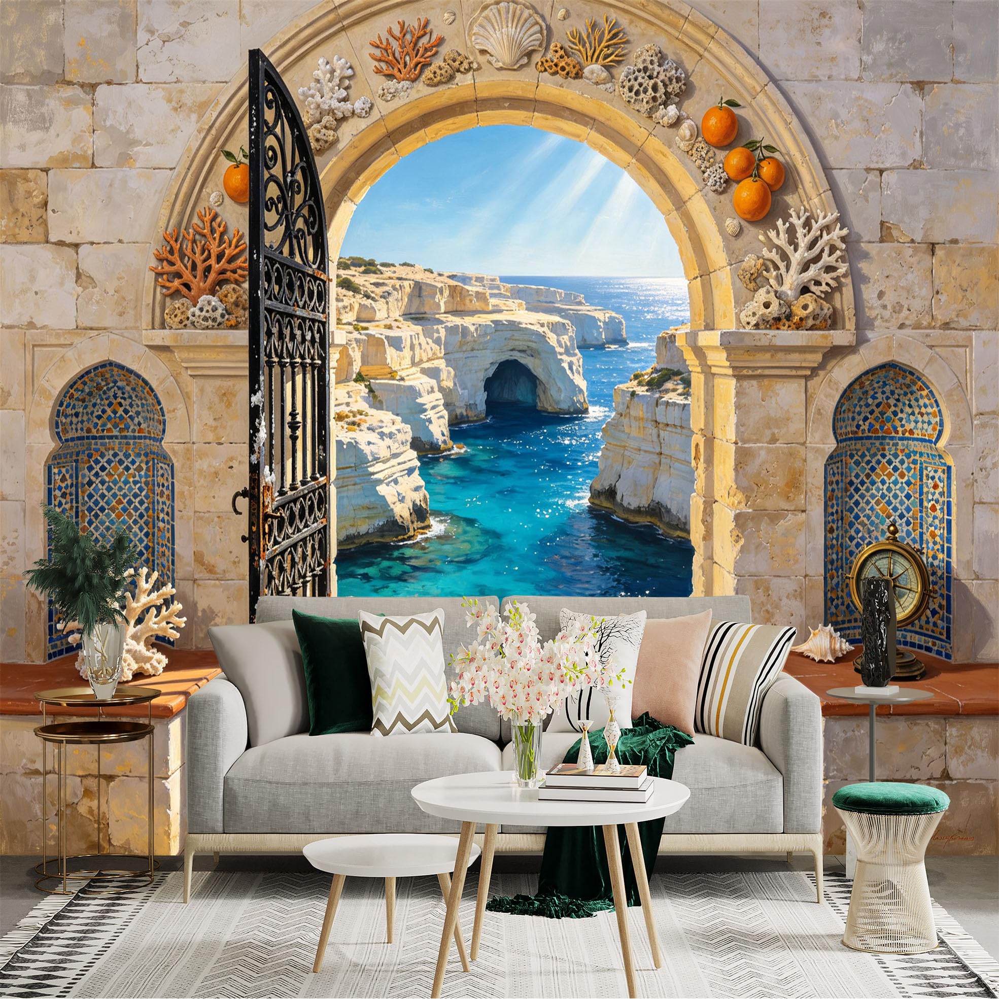 Custom Size Wall Sticker Mural， Coastal Archway with Blue Sea Cliffs and Mediterranean View， for wall Decoration， peelandstick wall Decals.