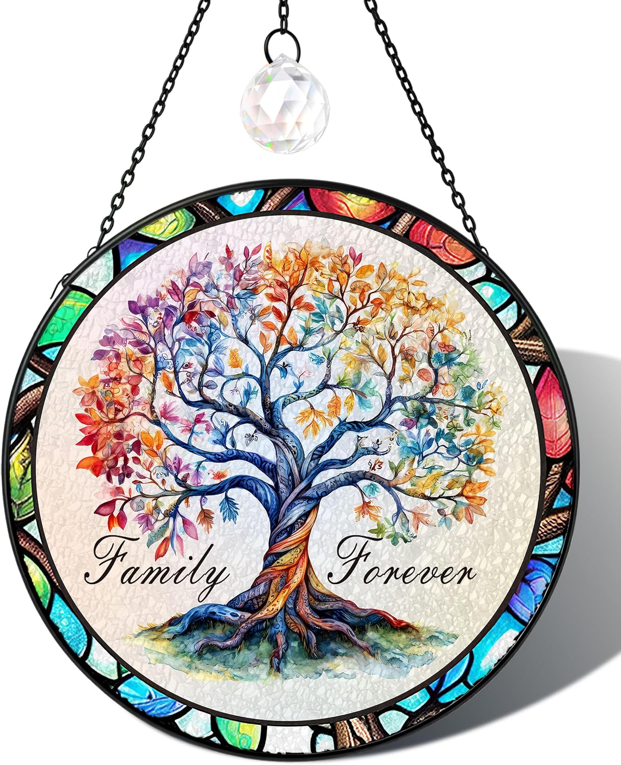 Tree of Life Stained Glass Window Hanging Family Tree Suncatcher for Door Home Decor Desk Decorations Gifts for Women (Glass-Family Branches, 7.8x7.8 in)