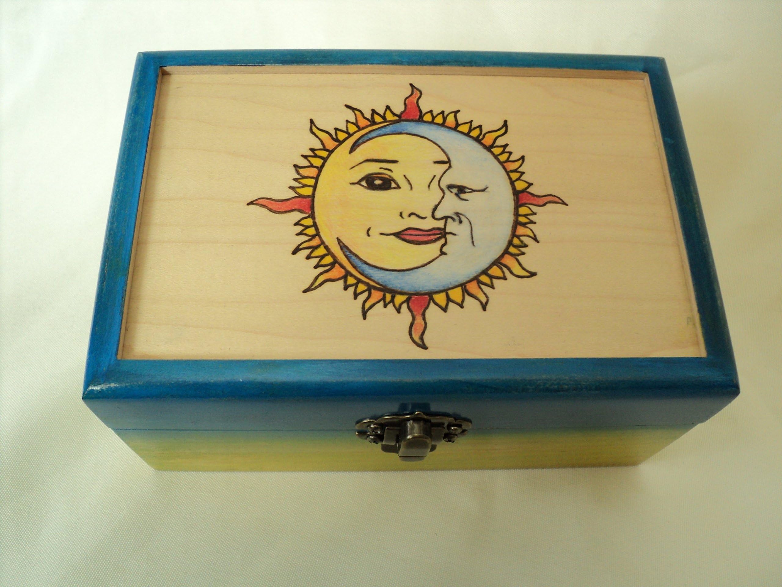 Brightly Colored Maple Wood Wooden Woodburned Sun and Moon Jewelry or Keepsake Box