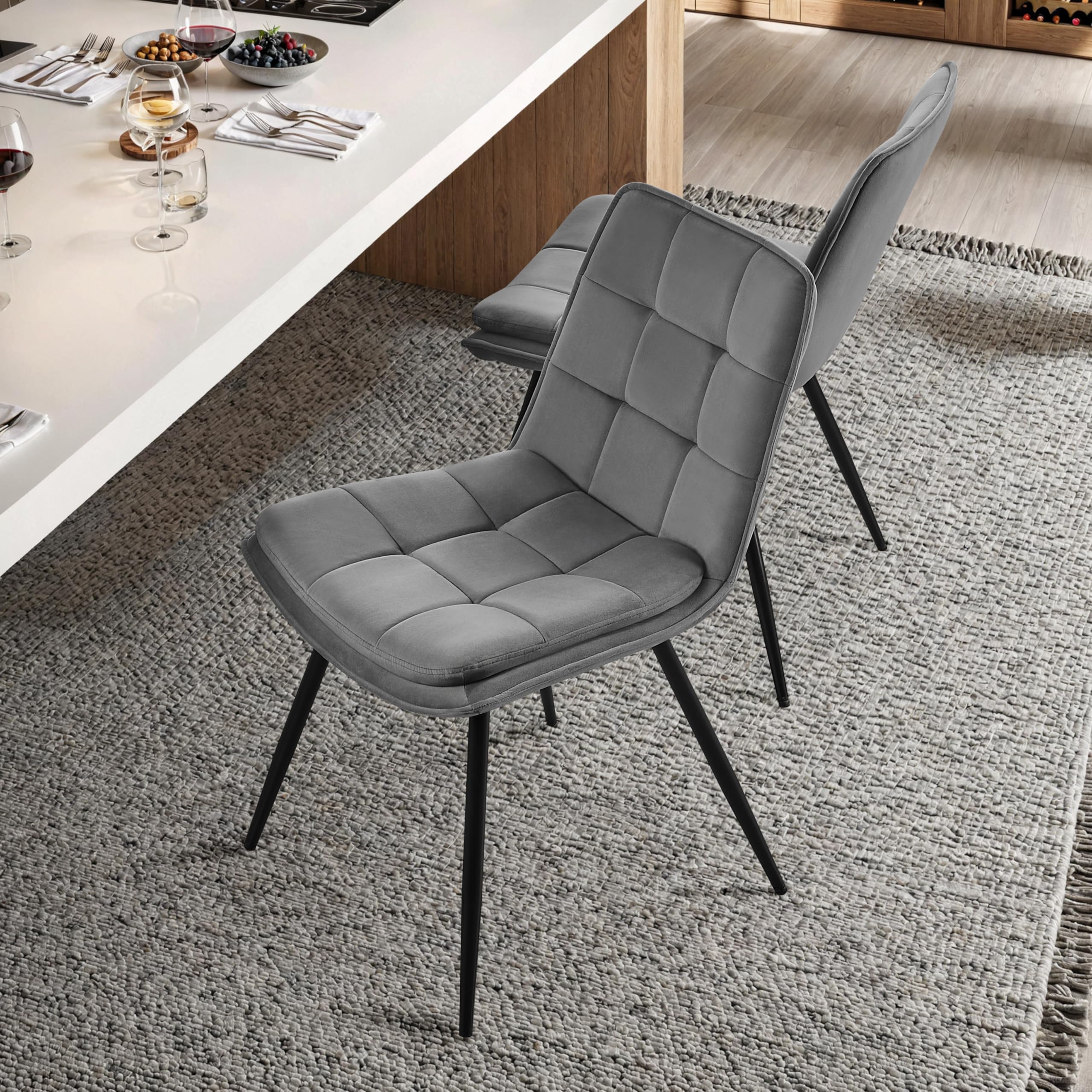 STOOLINK Juego de 2 Sillas de Comedor, Silla de Comedor de Terciopelo, Silla de Cocina Moderna sin Reposabrazos, Silla de Tapizadas Diseño de Tablero de Ajedrez para Cocina, Salón - Gris