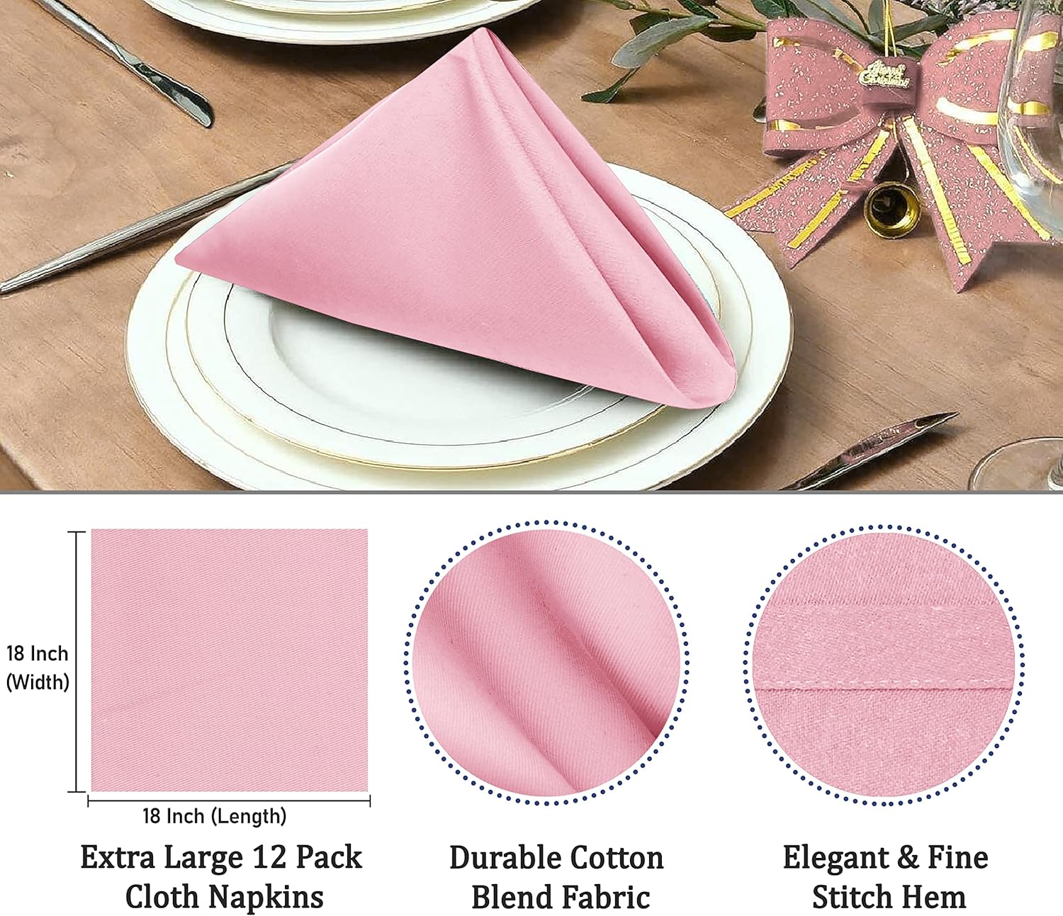 RUVANTI Bundle of 12-Pack Cloth Napkins (18x18 inch) Light Green with 12-Pack Cloth Napkins (18x18 inch) Pink Cotton Blend. Soft, Washable Kitchen Linen for Dinner, Weddings & Cocktail Parties.