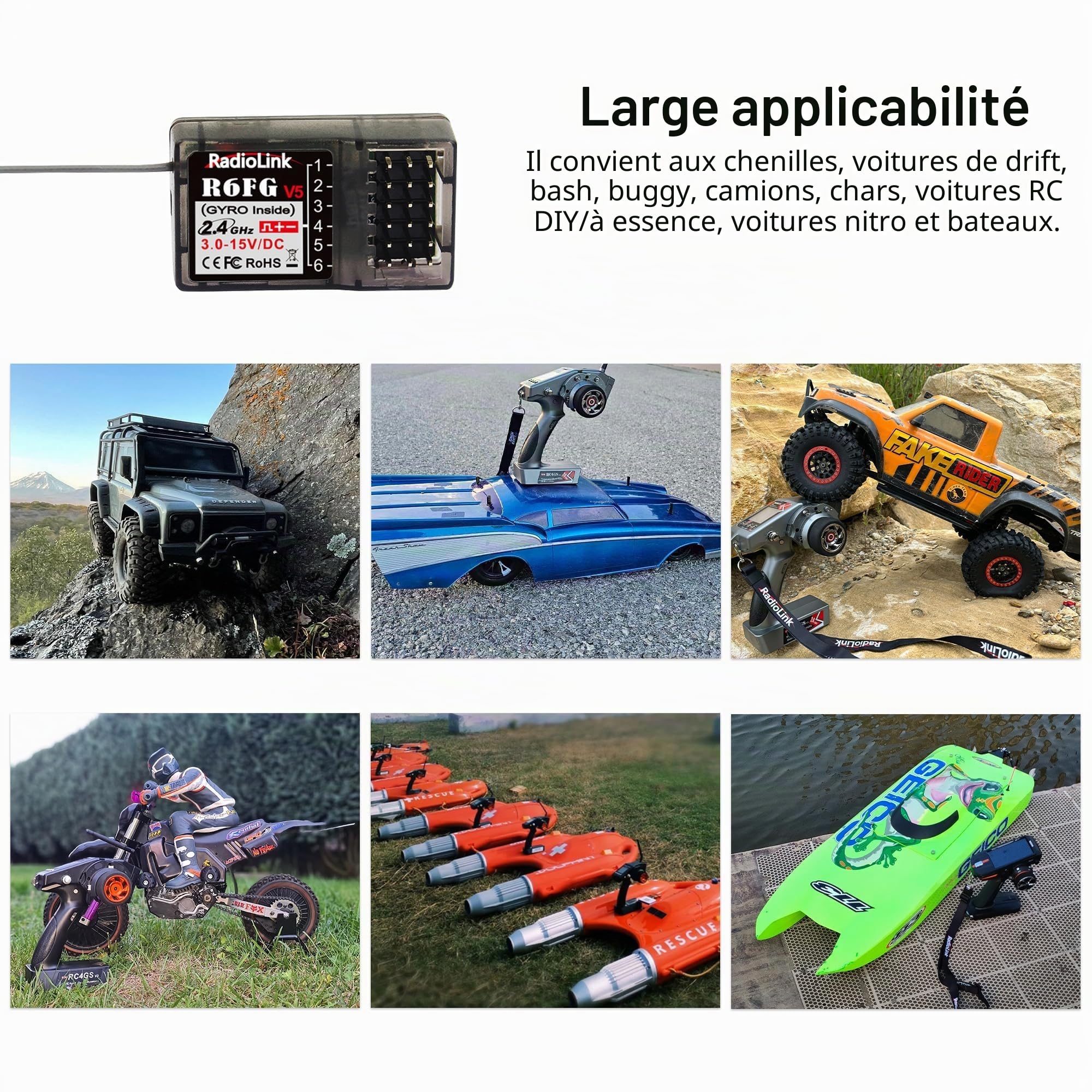 Radiolink R6FG Récepteur RC 2,4 GHz Gyro-intégré 6 canaux Grande portée jusqu'à 400 m Compatible avec RC6GS V3/RC4GS V3/T8FB/T8S/RC8X/T16D/T12D