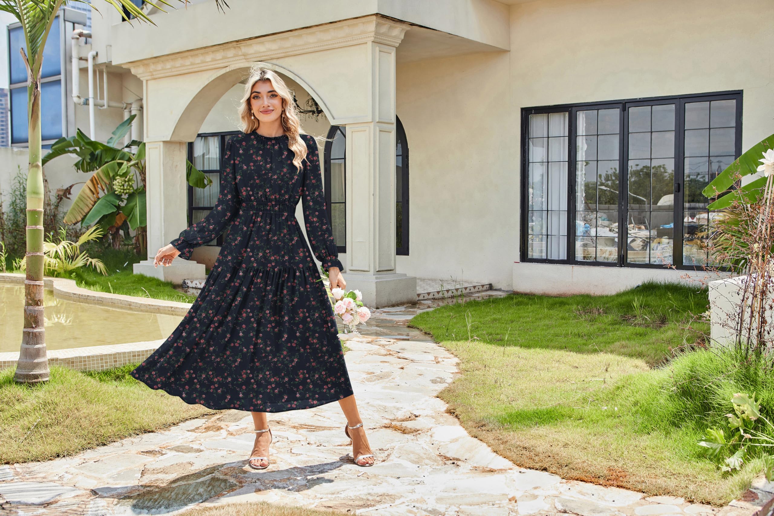GRACE KARIN Abito Donna in Chiffon con Maniche Lunghe Vita Elastico Gonna a Balze Linea A Elegante per Feste | Abito da sposa elegante con scollo rotondo, per feste, cocktail, sera