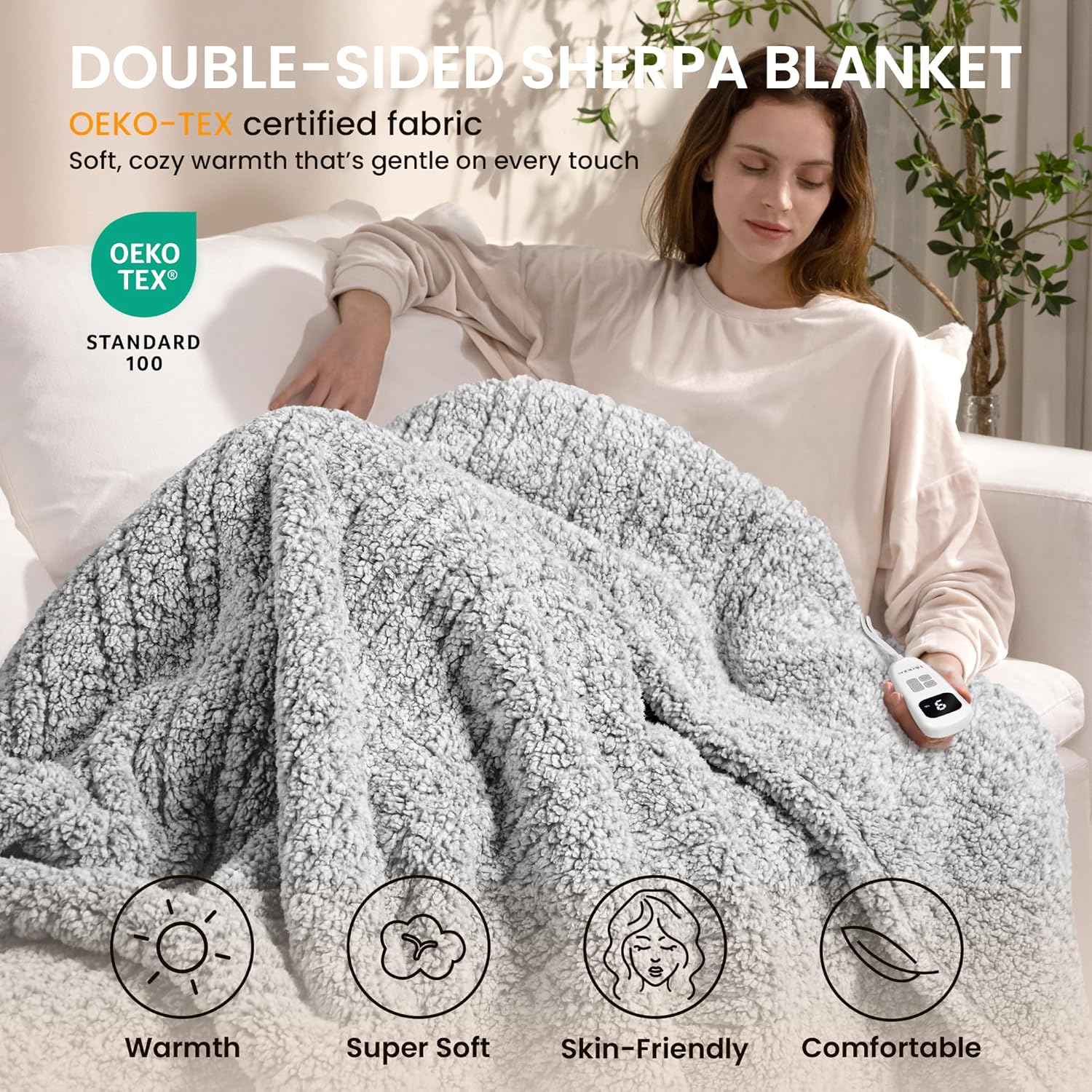 blunique Heated Blanket Electric Blanket King - Fast Heating Blanket Throw Dual Control Double Sided Sherpa with 6 Heating Levels & 1-10 Hours Auto Off, Mashine Washable, 90 x 100 Inches, Grey Light Grey King
