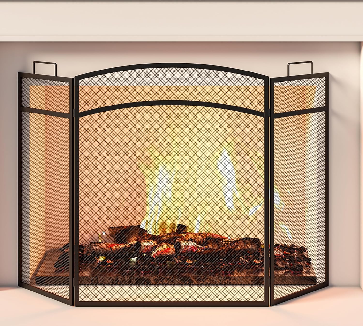 3 Panel Fireplace Screen 48" W x 29" H Modern Foldable with Wrought Metal Decorative Mesh,Arch Heavy Duty Fire Spark Guard Cover for Home Decor Indoor, Black