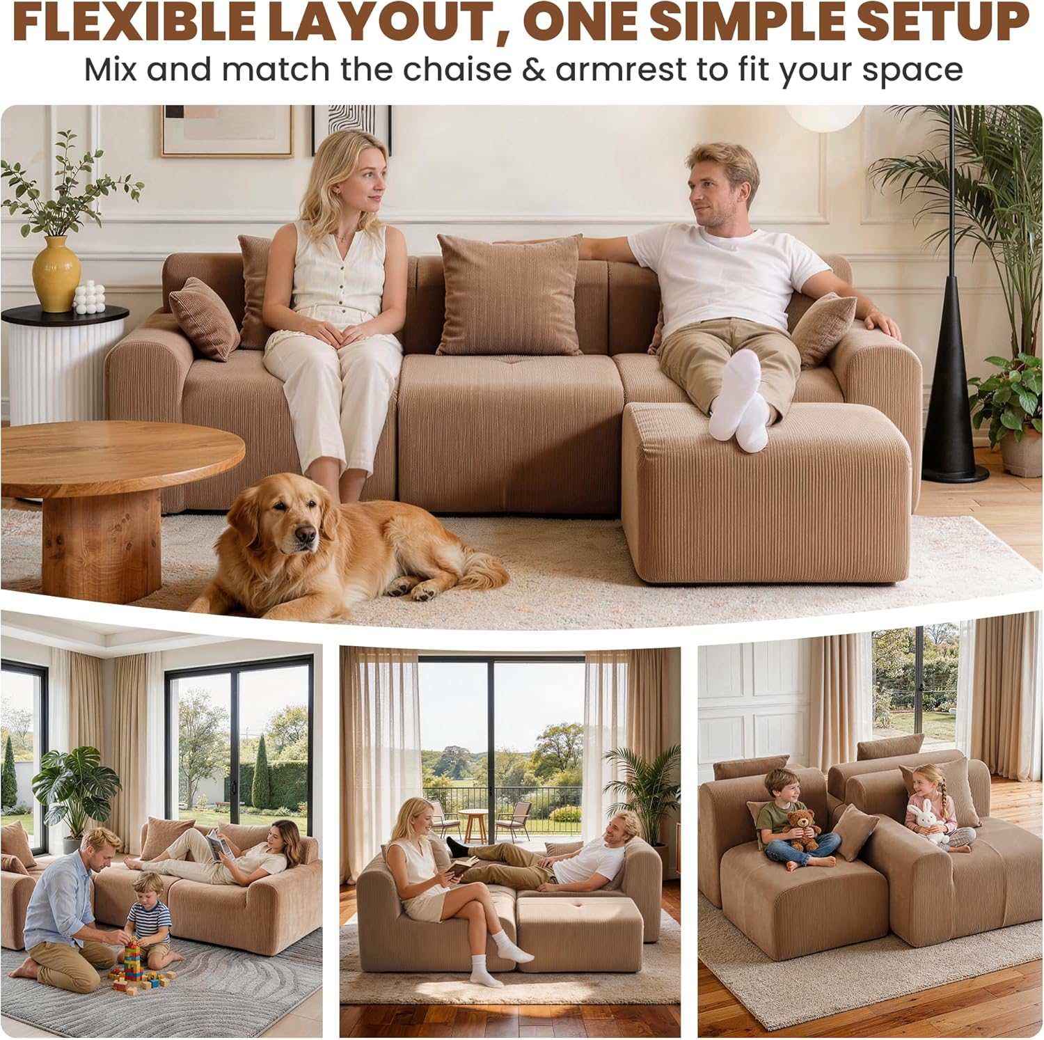 L Shaped Modular Sectional Sofa with Ottoman, Cloud Boneless Couch with Deep Seat, Set of Soft Upholstered Sofa, Flexible Module Combination for Living Room with 5 Pillows, No Assembly, Camel