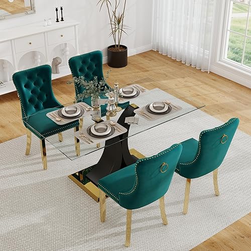 Miniatura 33 de Juego de mesa de comedor moderno de vidrio para 4, mesa de 160 cm de vidrio templado con base dorada estética y 4 sillas de comedor lujosas azules y