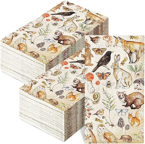 AnyDesign - 100 servilletas de papel vintage de animales para invitados, conejo, hongo, mariposa, servilletas de baño retro desechables para el