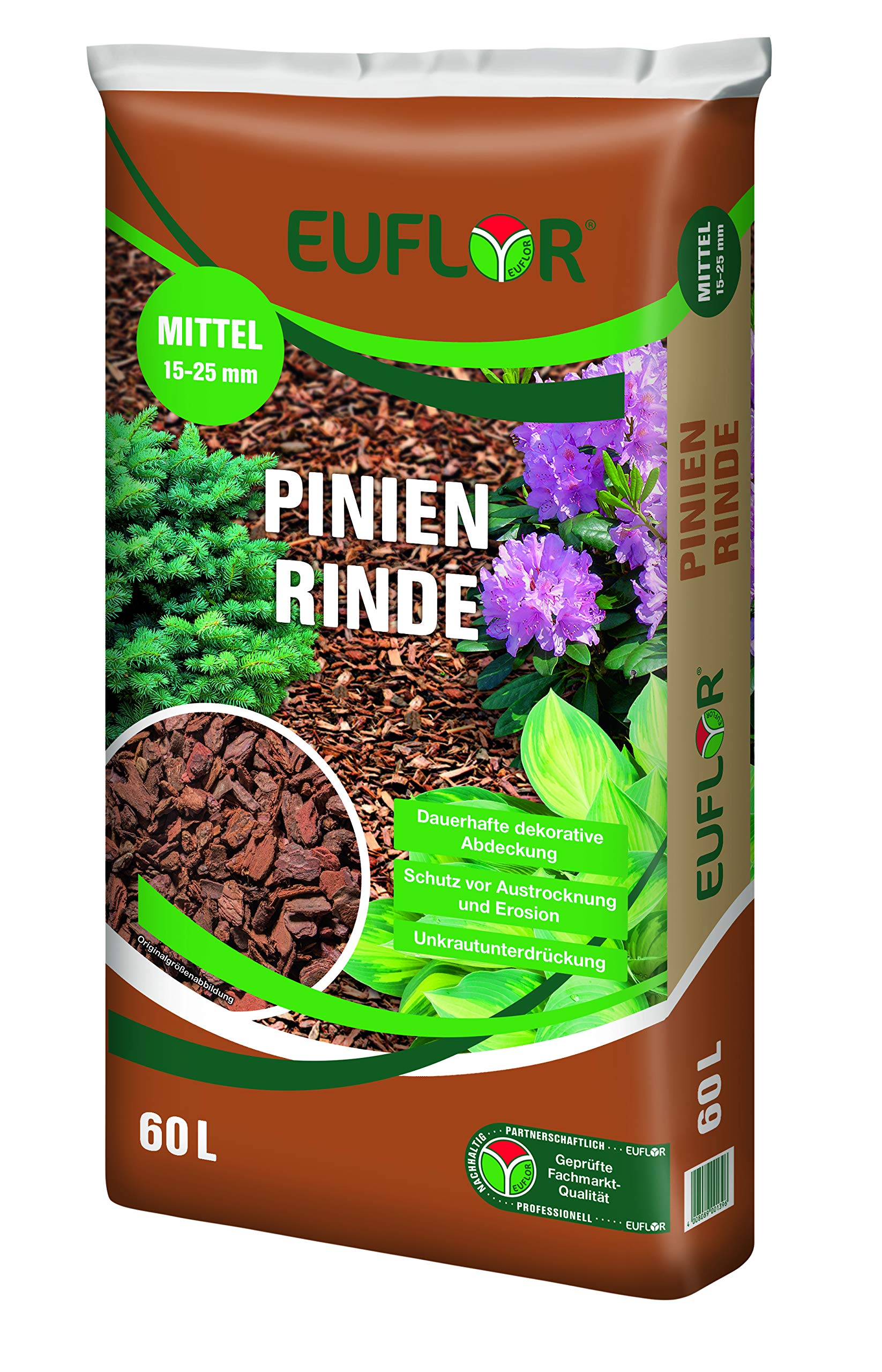 Euflor 60 L Pinienrinde in verschiedenen Siebungen Edler dekorativer Schutz und Pflege für Gartenanlagen und Pflanzgefäße (15-25mm mittel)