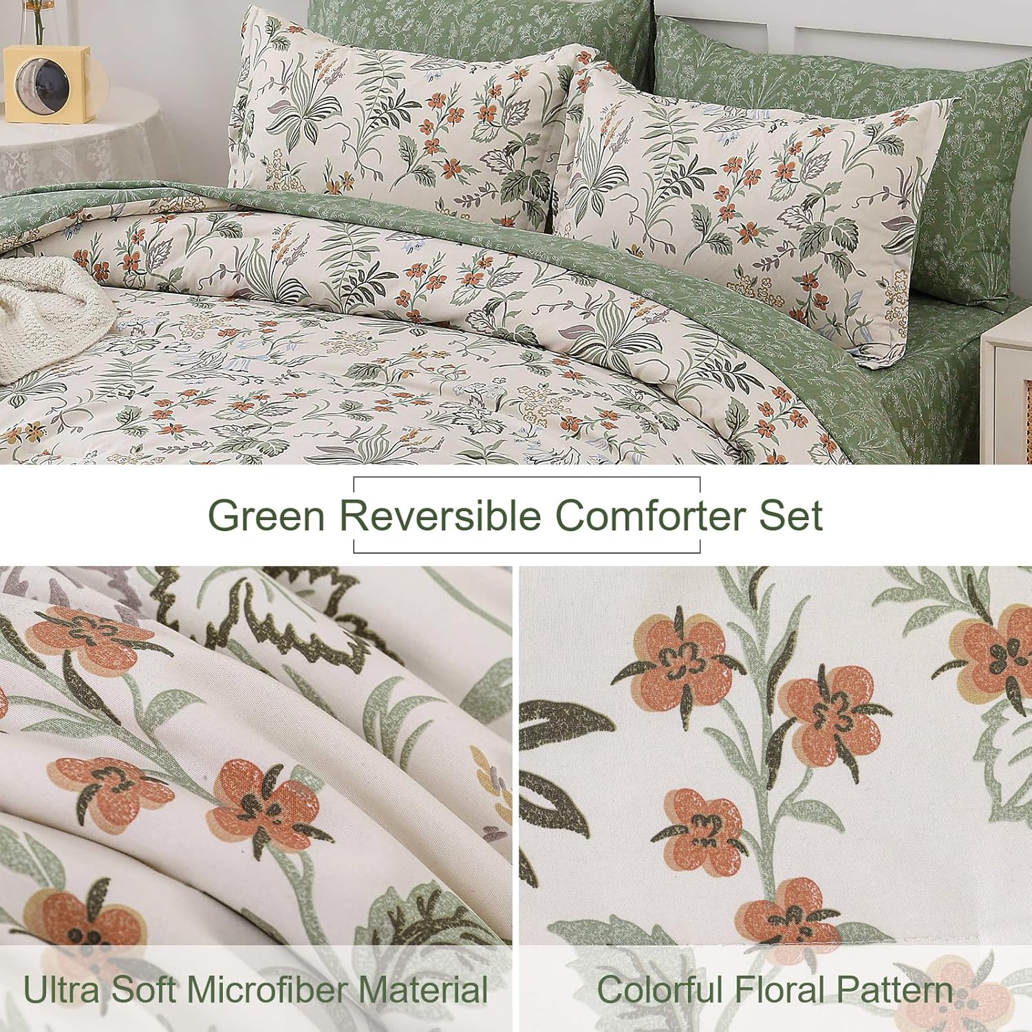WONGS BEDDING Floral Comforter Set King Size,7 Pieces Bed in a Bag Flower Bedding Sets Botanical Microfiber Comforter Soft Loghtweight Bed Set with Sheet,Pillowcases&Shams - Image 4