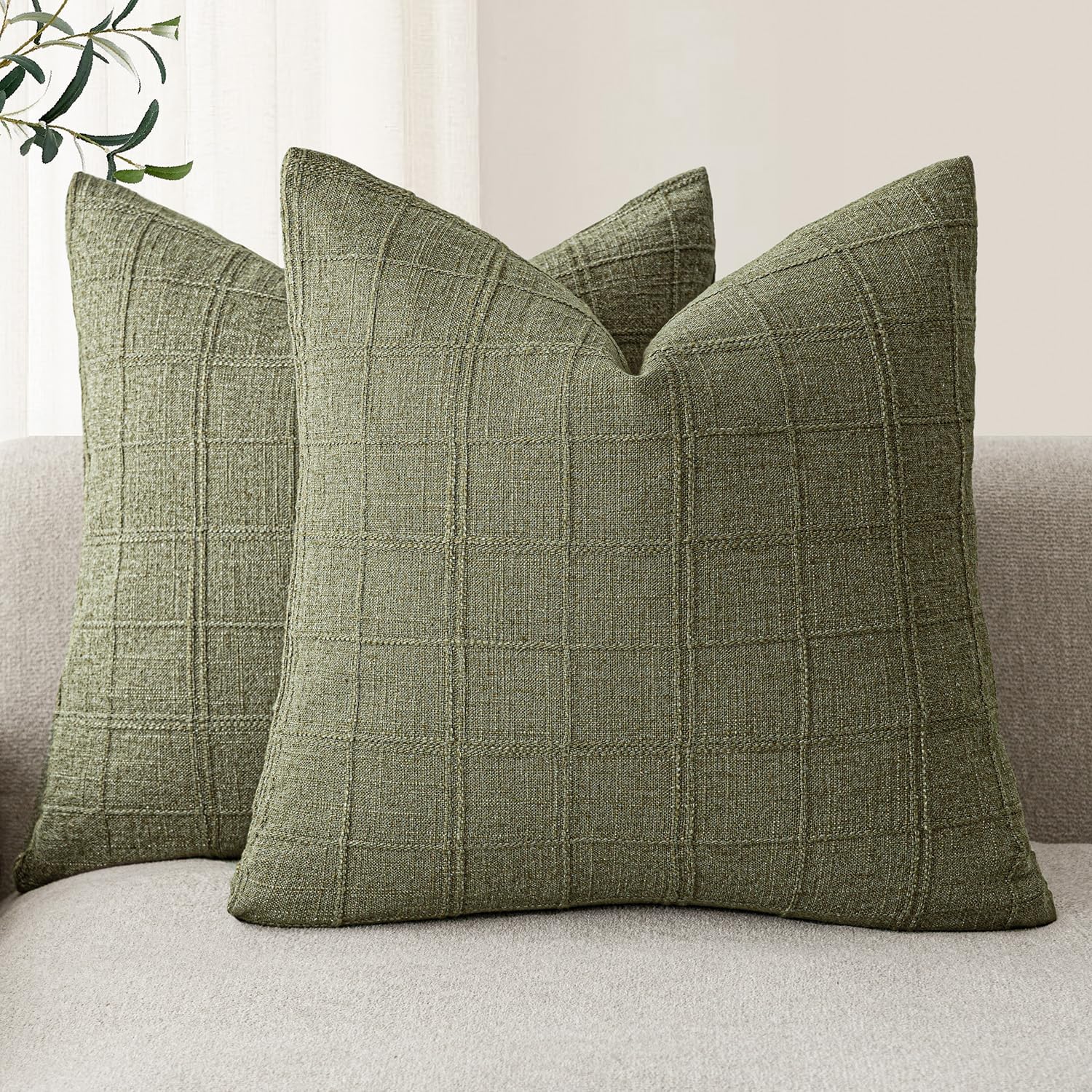 Foindtower Boho Linen Check Decorative Throw Pillow Covers 26×26 Sage Green
