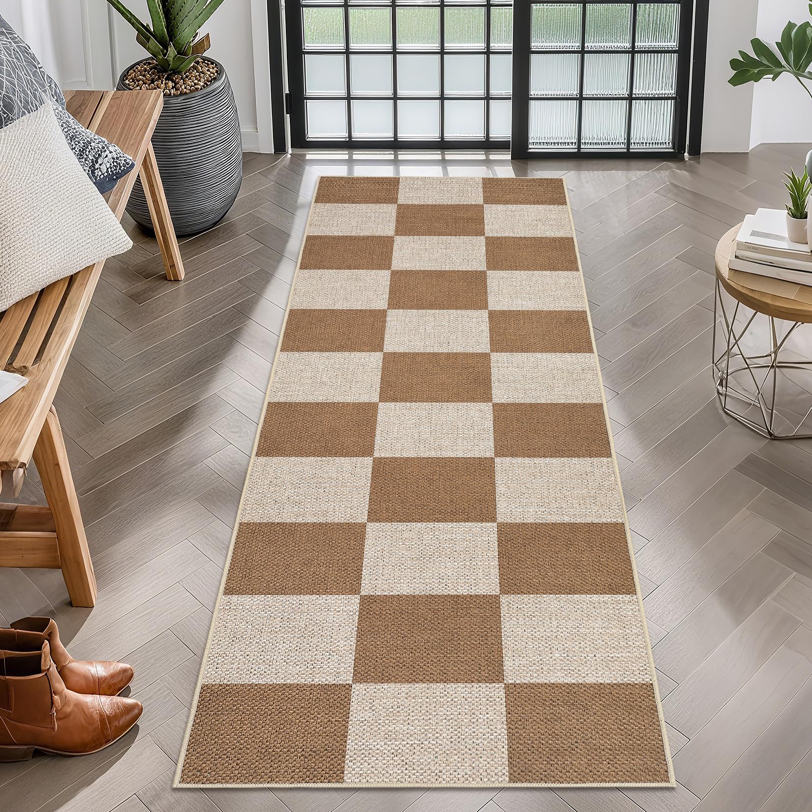Photo 1 of GarveeHome Easy Jute Rugs 2x8 Checkered Kitchen Runner Rugs Non Skid Washable Stain Resistant Indoor Outdoor Rugs for Living Room, Bedroom, Dining, Patio - Farmhouse Style Brown