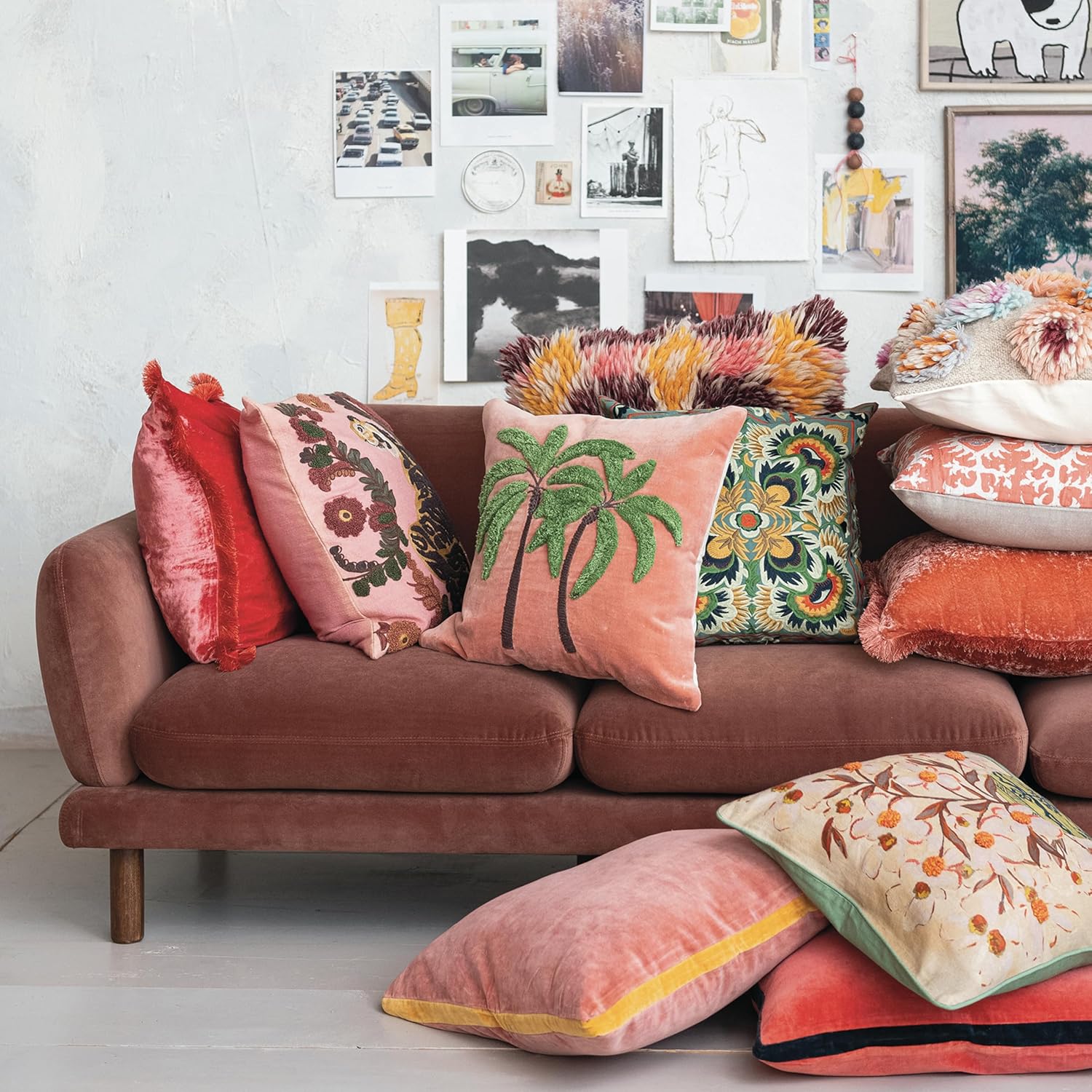 Creative Co-Op Tropical Embroidered Velvet Pillow, Multicolor