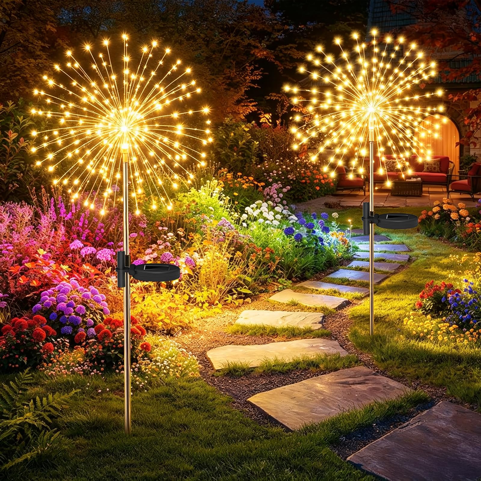 BBLTIFF Solarlampen für Außen Garten, 2 Stück 120 LED Gartendeko für Draußen Wetterfest, 8 Modi Warmweiß Pusteblume Solarleuchte, Solarstecker Garten für Gärten, Rasenflächen, Terrassen Deko Beleuchtung
