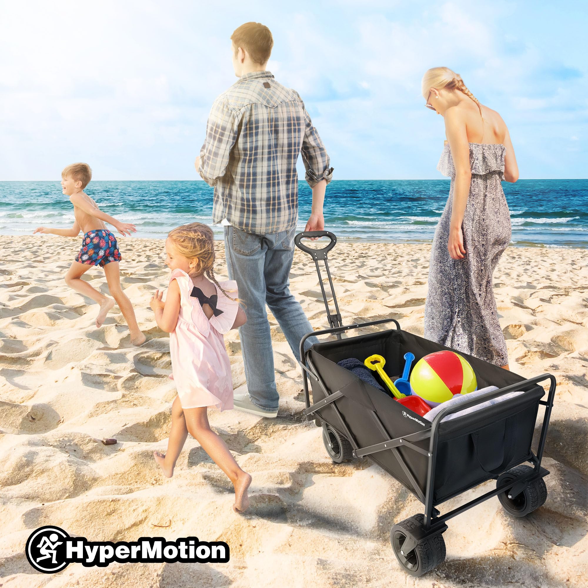 Hypermotion Carrello Spiaggia Pieghevole 100l, Carrellino con Ruote Grandi Girevoli a 360°, Carrello da Giardino 120 kg, Chiusura rapida, Carretto Spiaggia, Resistente agli Agenti Atmosferici