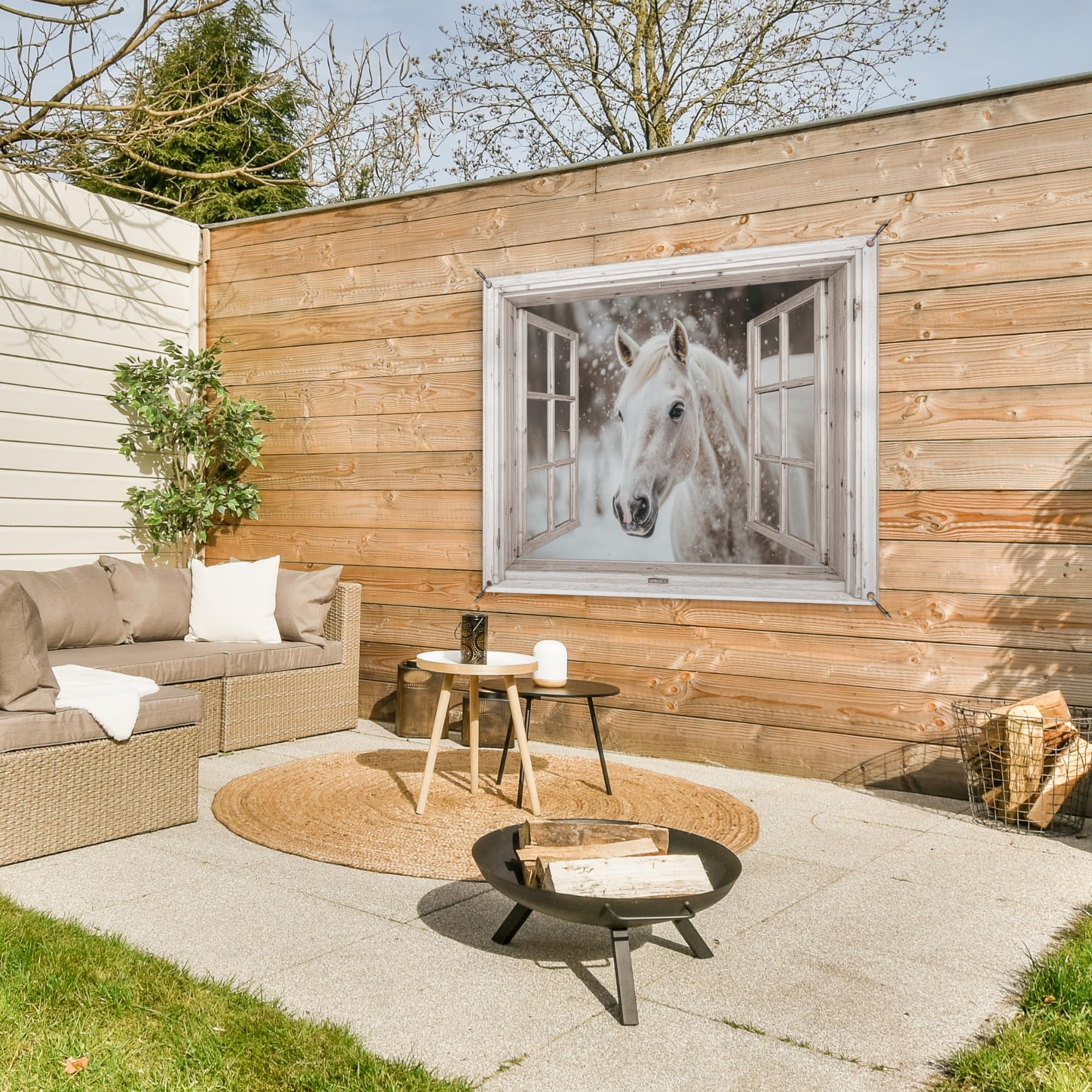 MuchoWow© Póster De Jardín Terraza Exterior Accesorios Jardin Decoracion | 120x90 cm - Pared Decorativa Balcon Wall Decoration Posters Decorativos Caballo - Blanco - Invierno - Nieve - Transparente