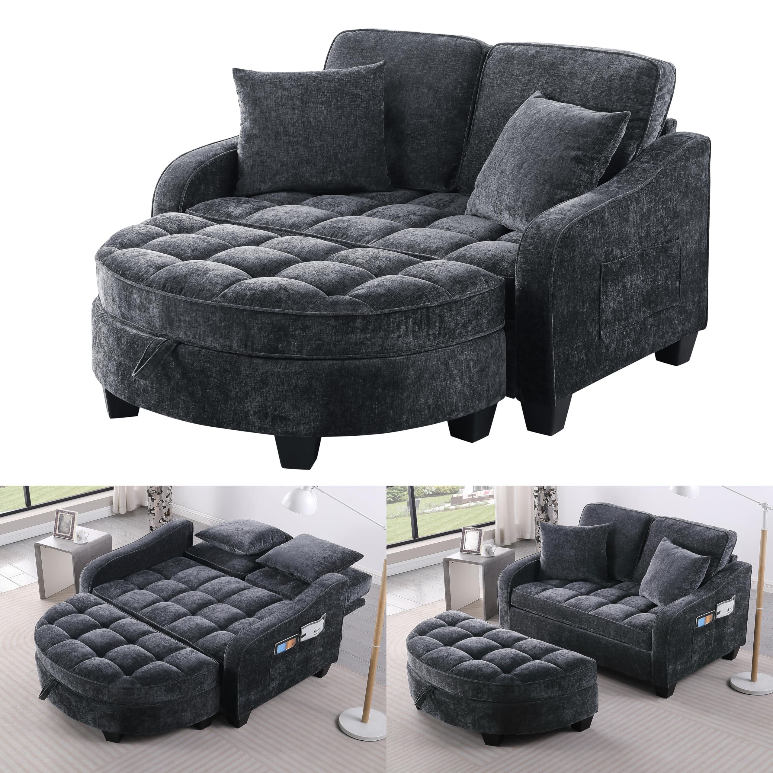 Best Reclining Sofa with Chaise: 2026 Picks 4 ERYE Chenille Tufted Loveseat Sofa and Ottoman Set, Tufted Recliner Sleeper Chaise Lounge with Curved Storage Ottoman,Re — product photo
