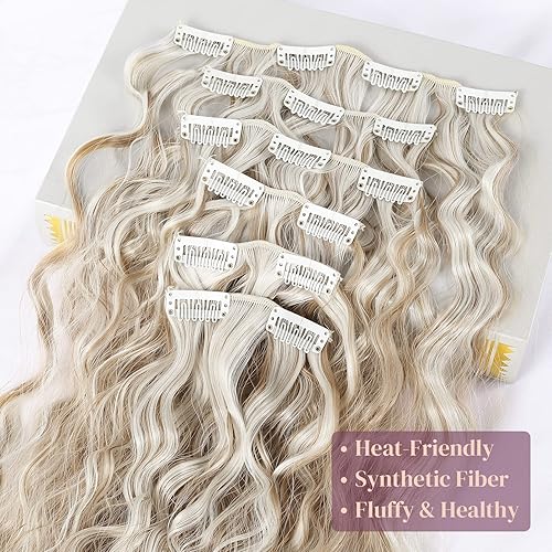 Miniatura 3 de LONAI - Extensiones de cabello sintético con clip, 6 unidades, rizado, de 24 pulgadas de largo, para mujer, rubio claro con reflejos rubios blancos