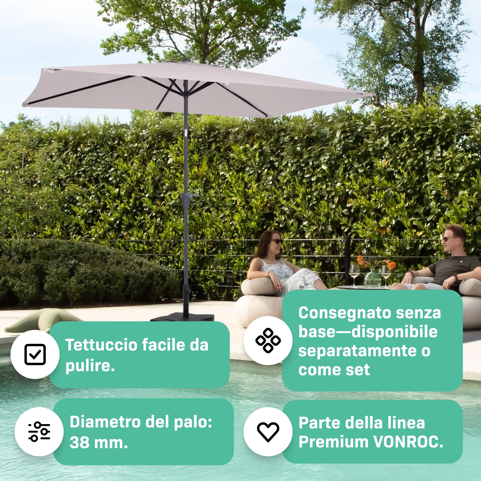 VONROC Ombrellone da giardino Rapallo 200x300 cm con Inclinazione Regolabile, UPF 50+, Manovella Facile e Copertura Protettiva Inclusa Nero