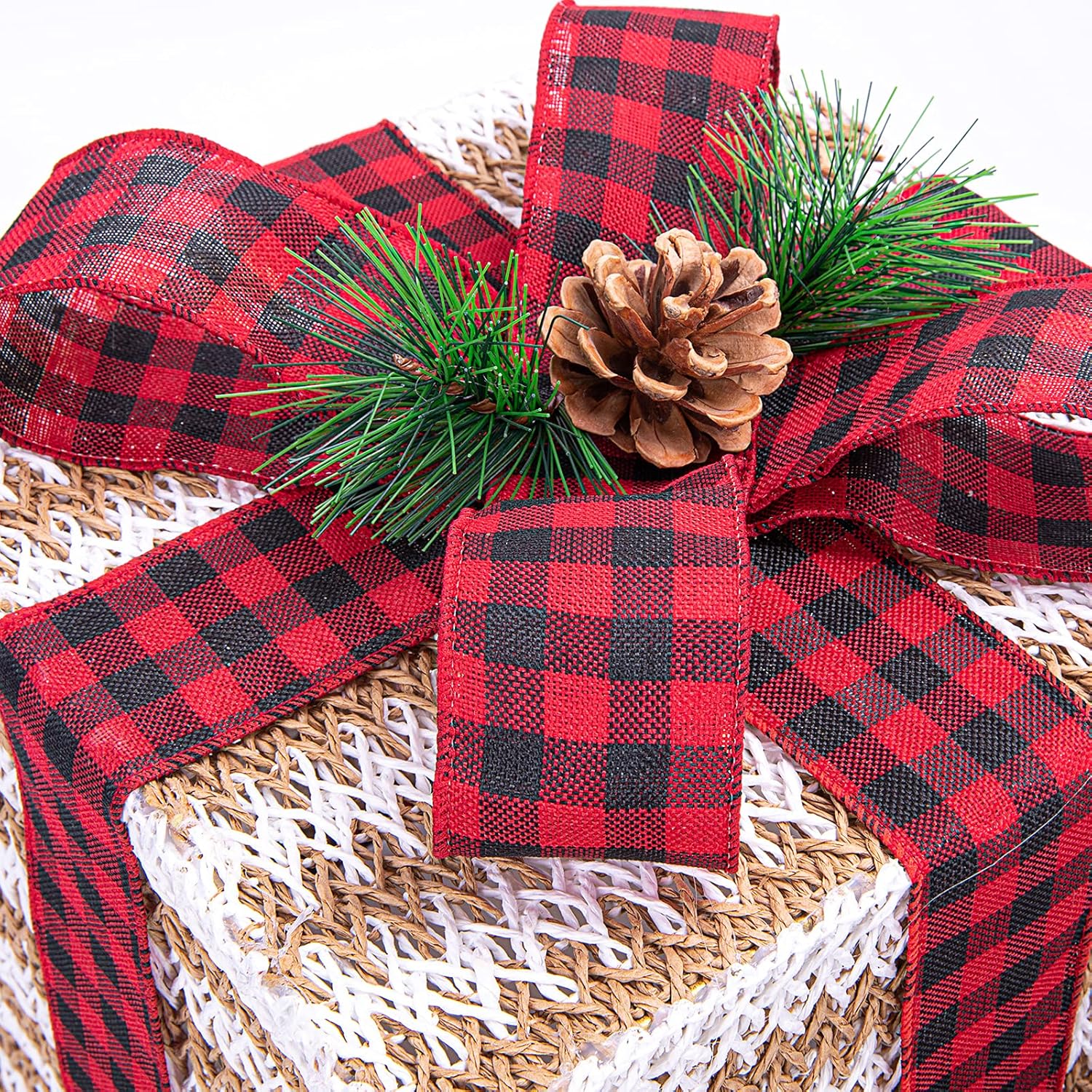 Sunnyglade 10"-8"-6" Set of 3 Christmas Lighted Gift Boxes Decoration Boxes with Plug, Bows, Artificial Pine Leaves and Pine Cones for Christmas, Weddings Yard Home Holiday Art Decoration